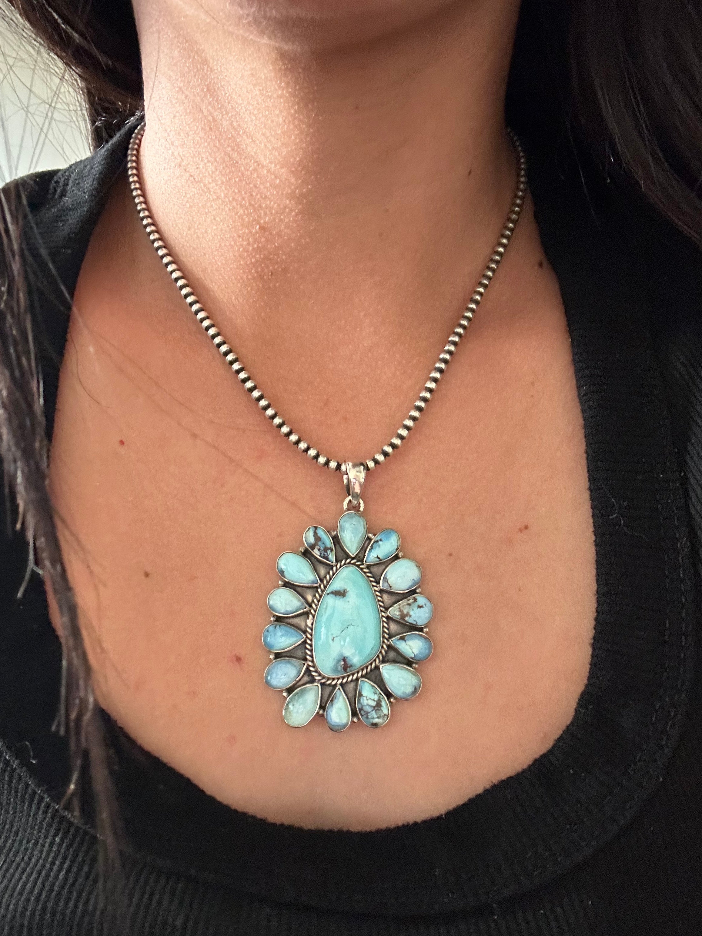 Southwest Handmade Golden Hills Turquoise & Sterling Silver Cluster Pendant