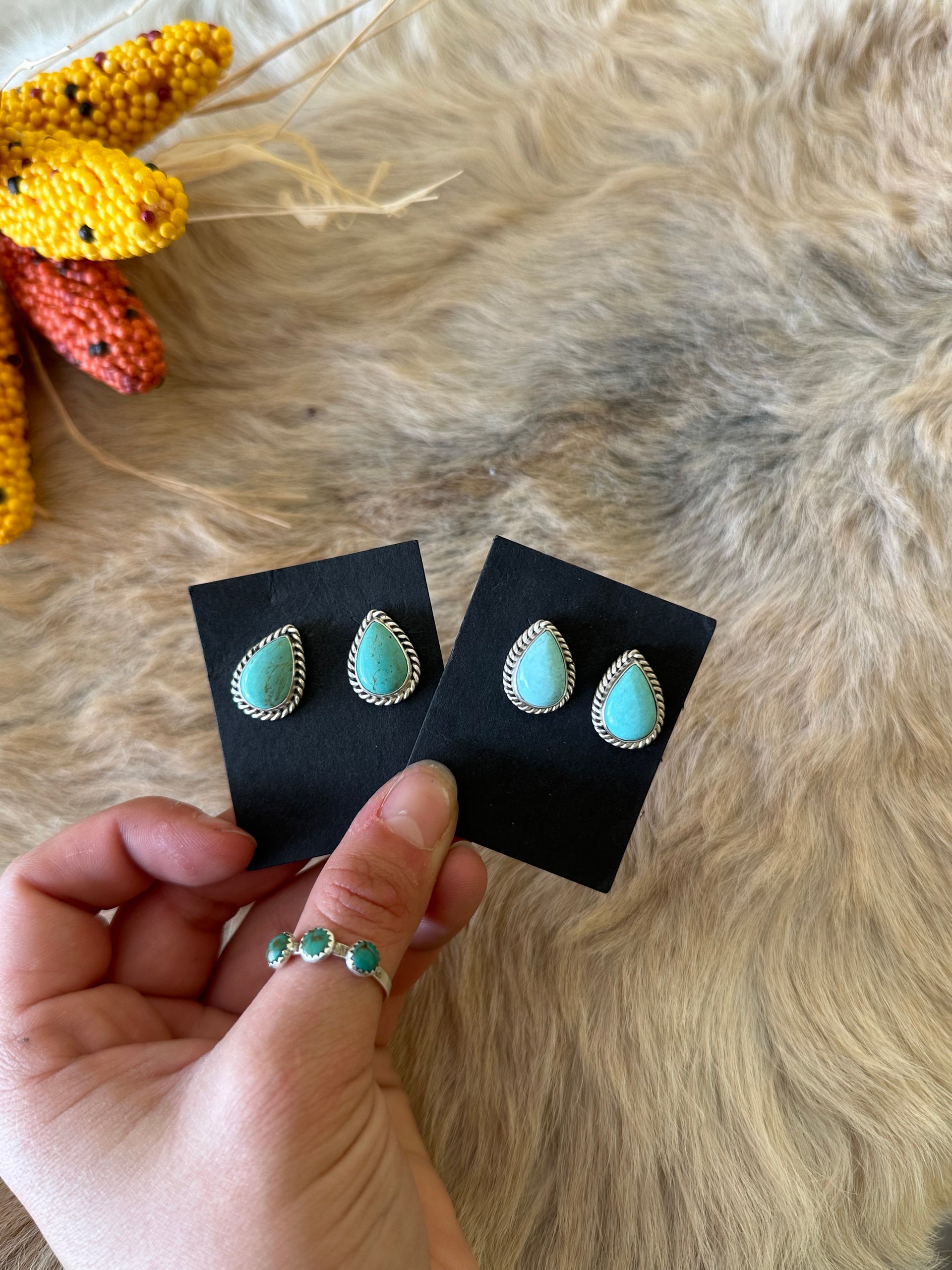 Navajo Made Kingman Turquoise & Sterling Silver Post Earrings
