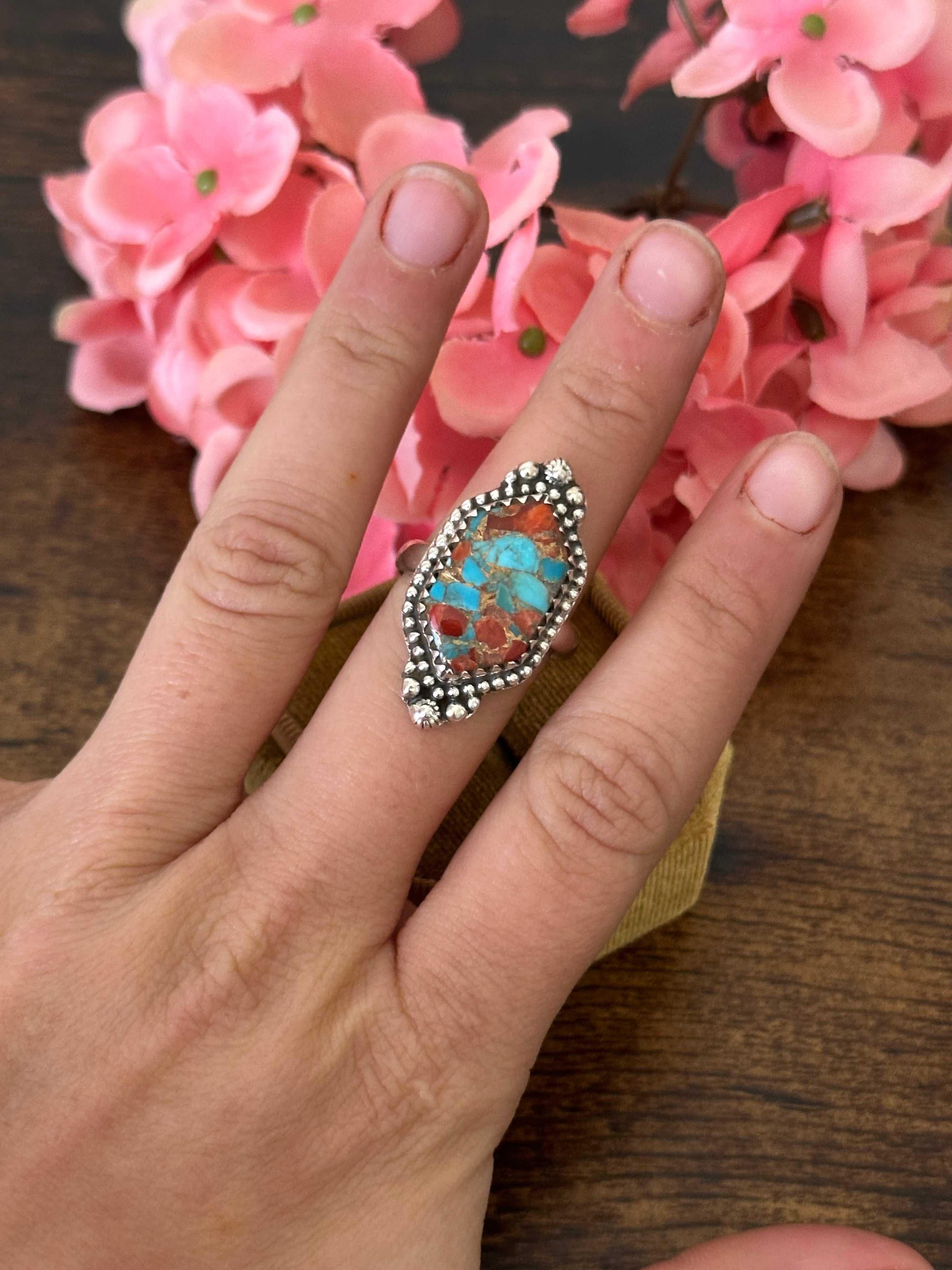 Southwest Handmade Red Mohave Turquoise & Sterling Silver Ring Size 8.25