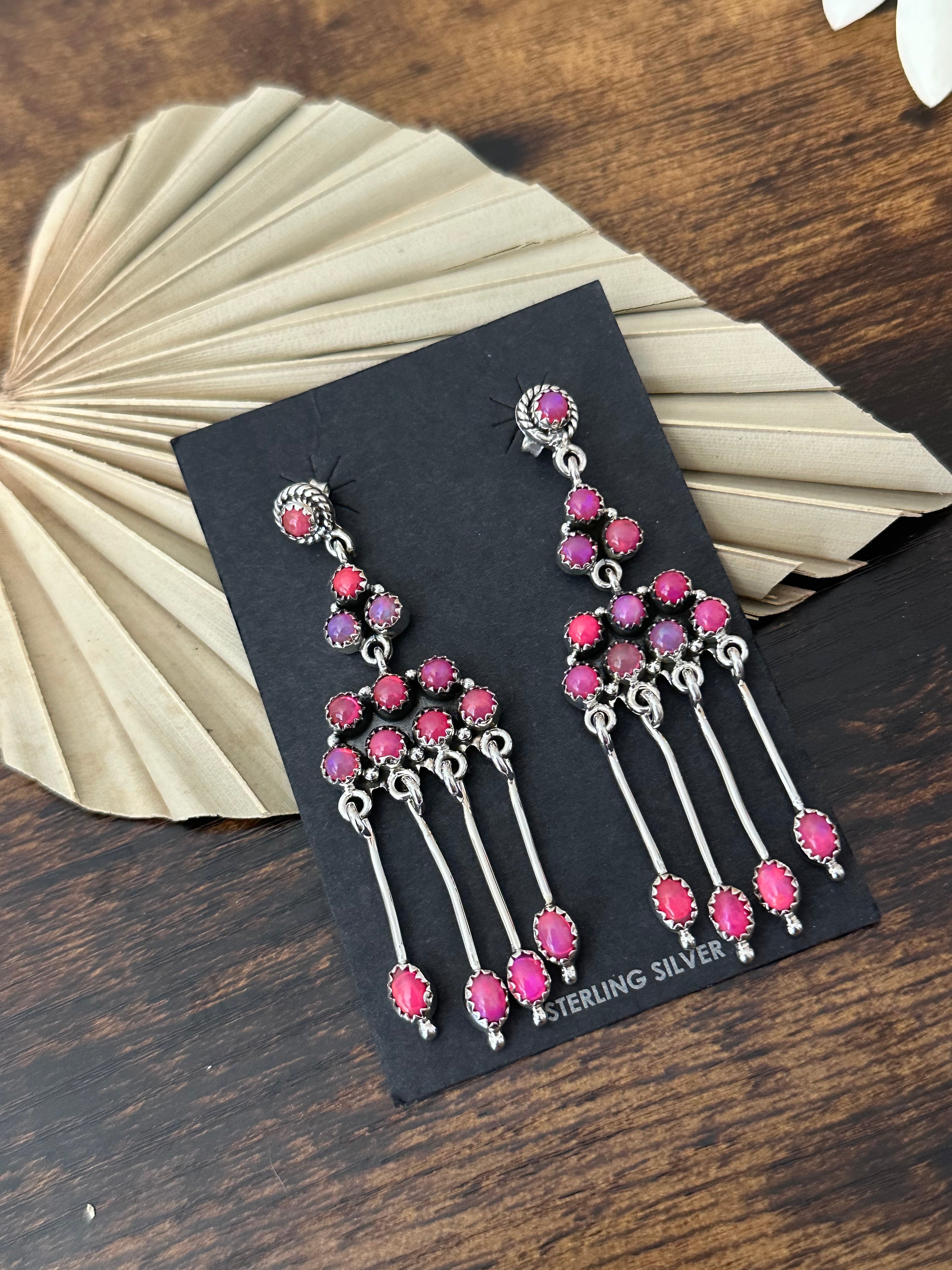 Southwest Handmade Hot Pink Opal & Sterling Silver Post Dangle Earrings