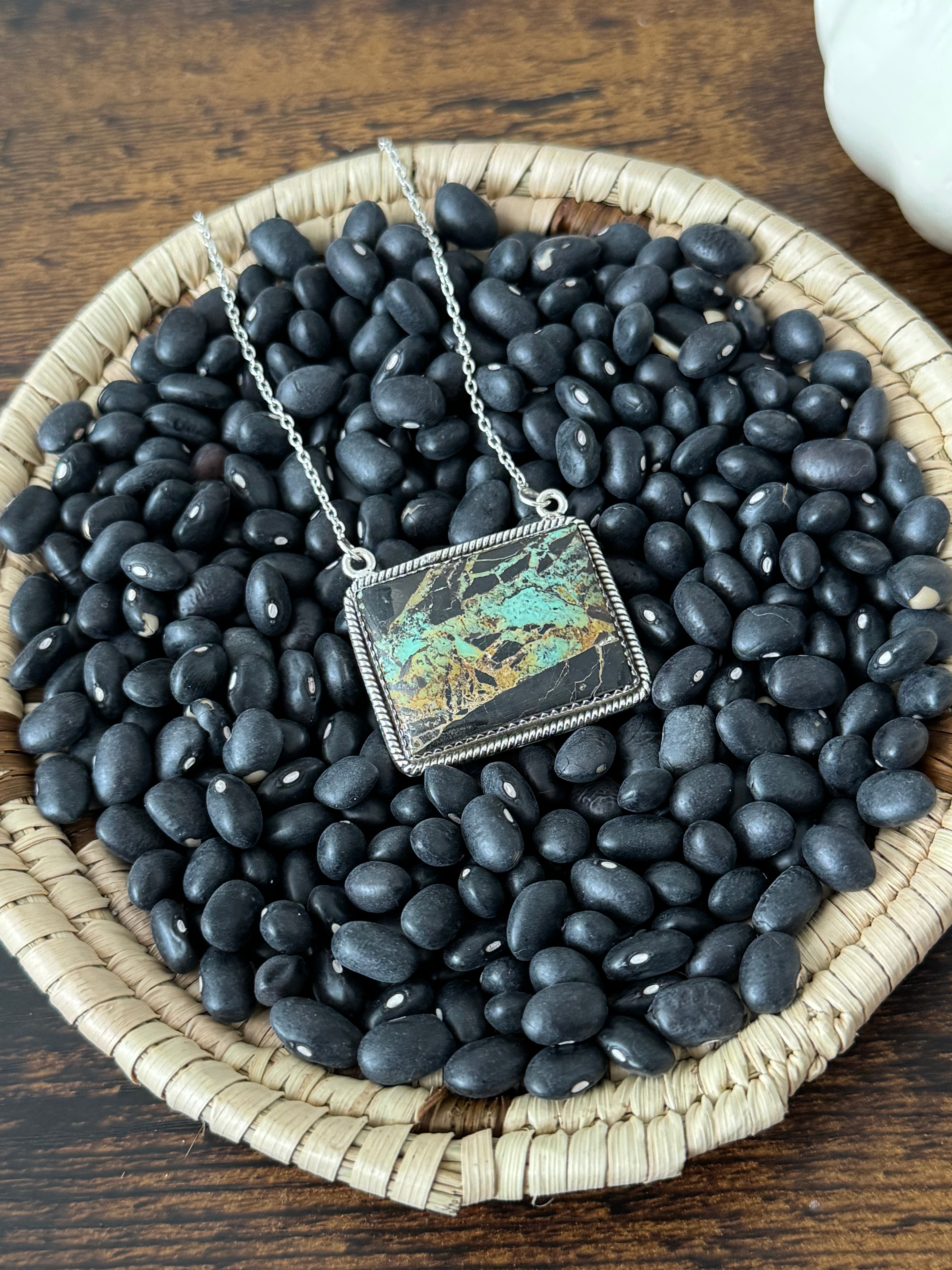 Southwest Handmade Black Jack Turquoise & Sterling Silver Bar Necklace