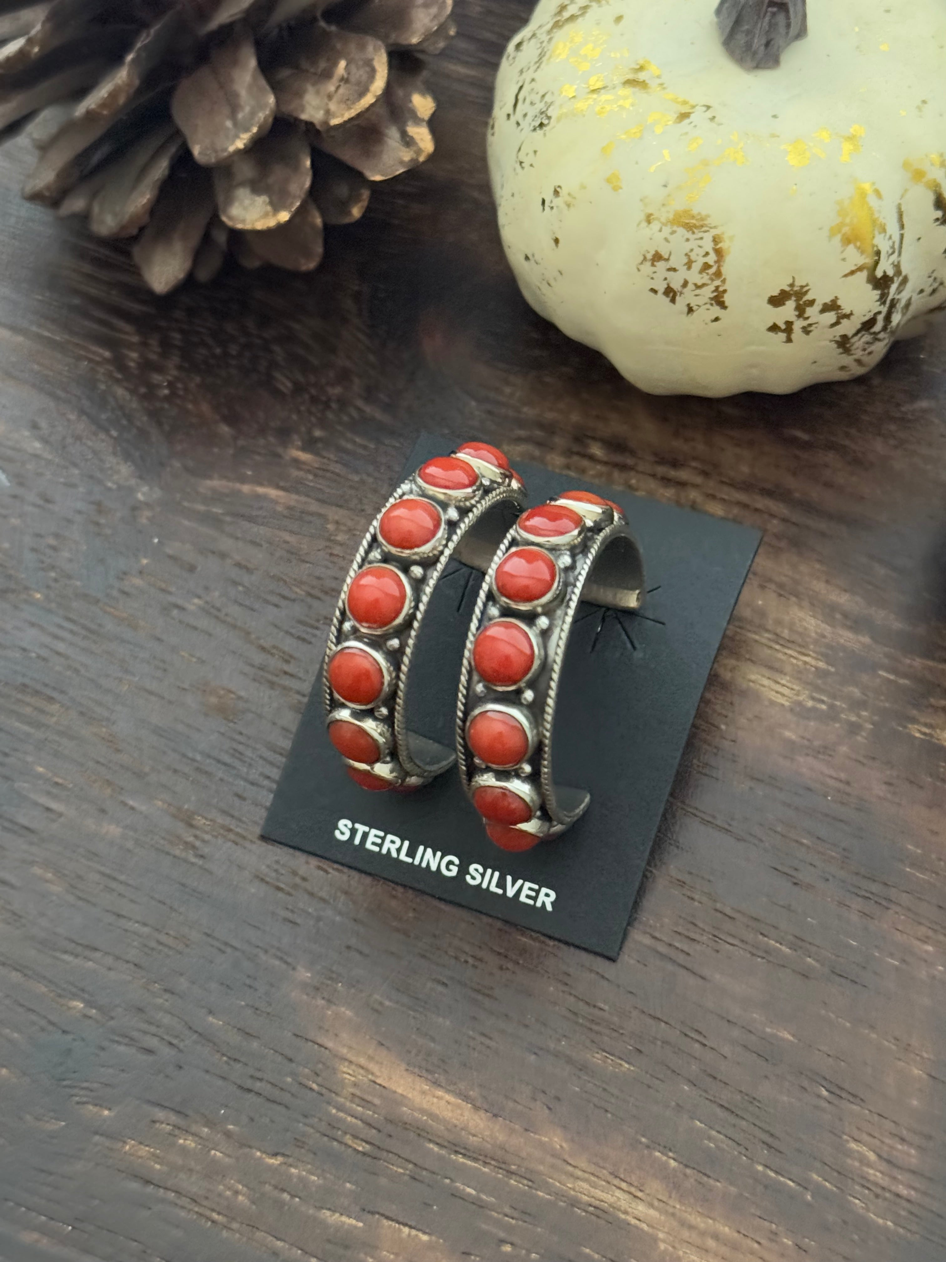 Navajo Made Coral & Sterling Silver Hoop Earrings