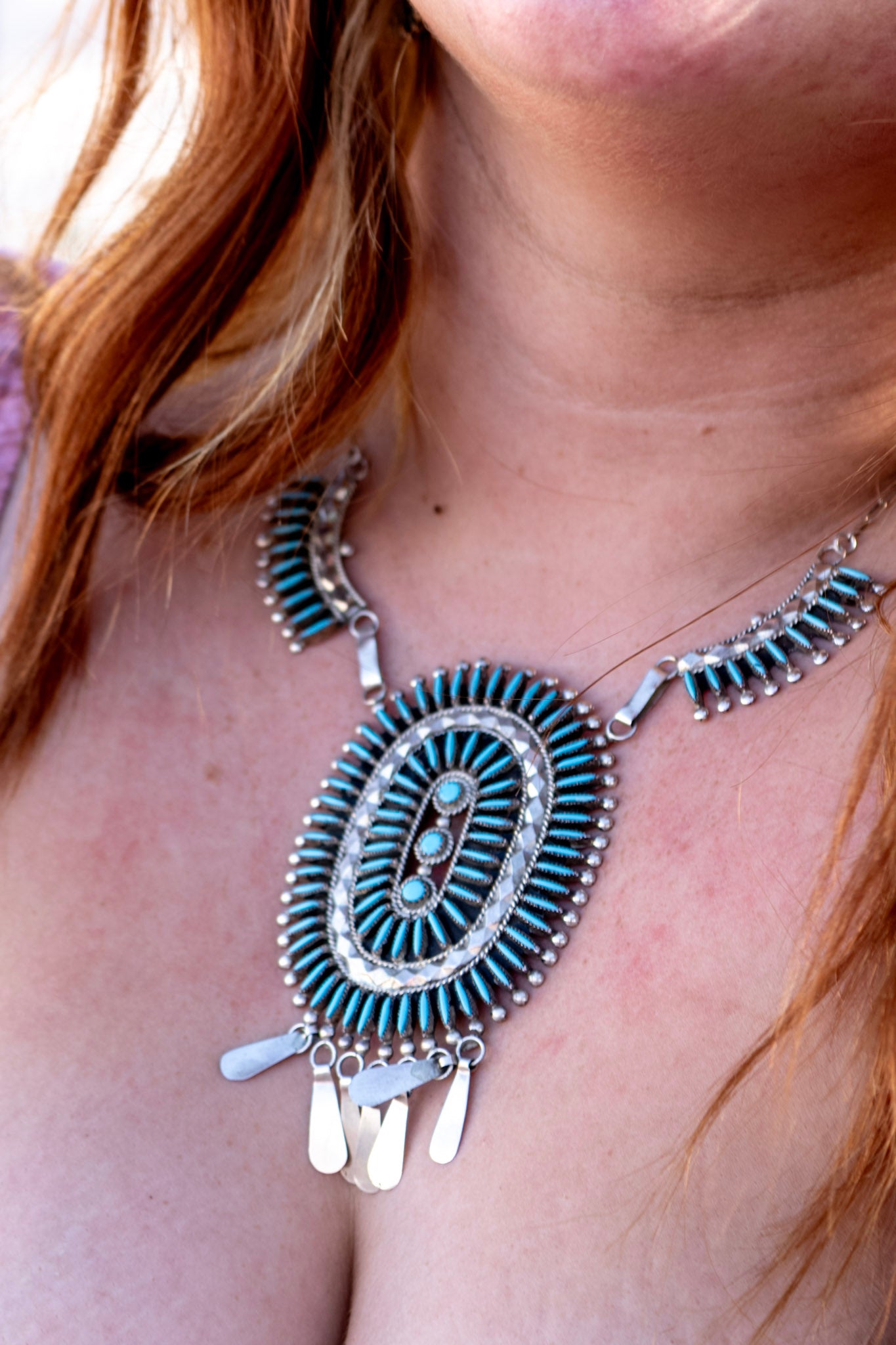 Zuni Made Kingman Turquoise & Sterling Silver Cluster Petite Necklace Set