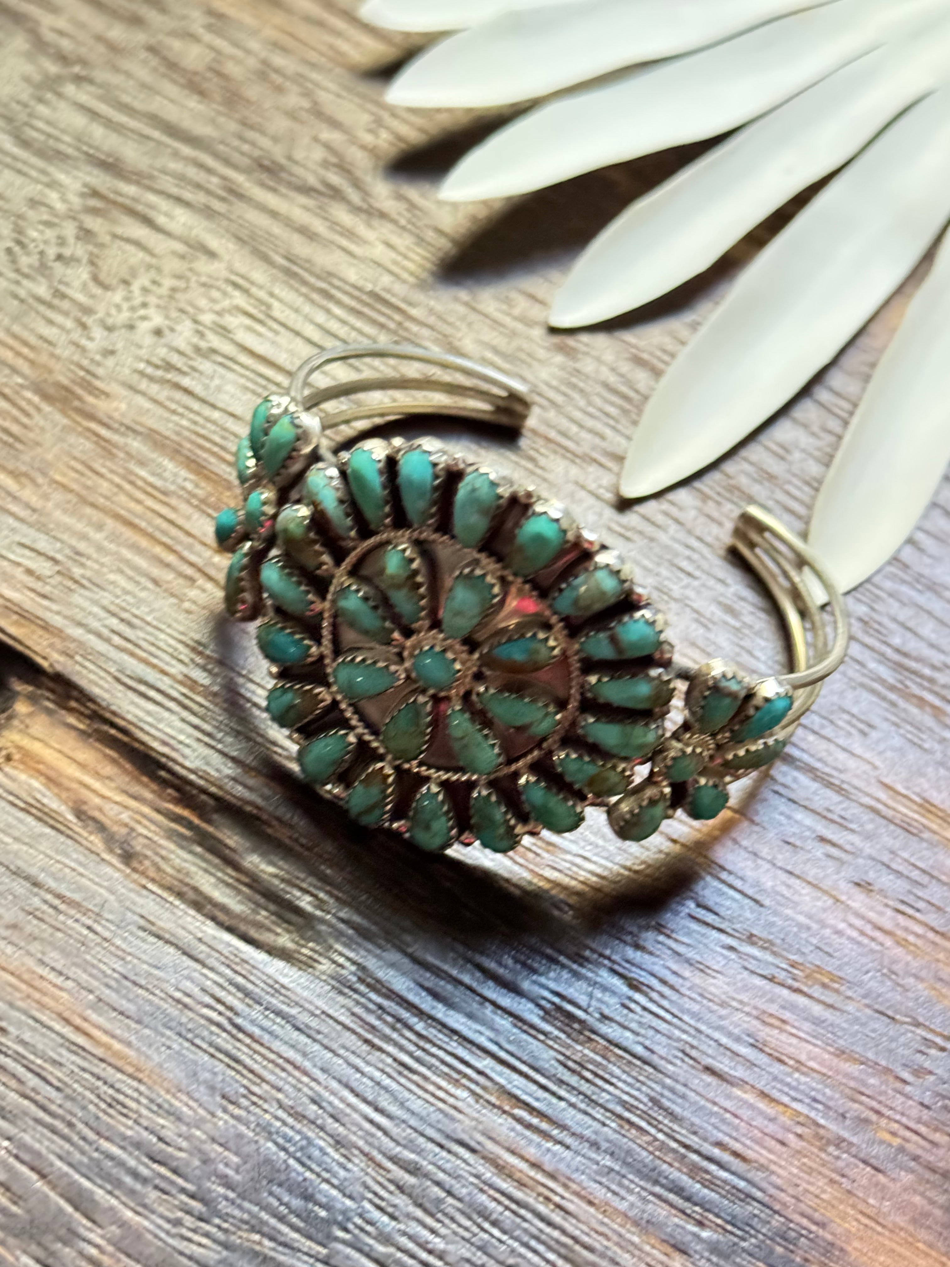 Navajo Made Kingman Turquoise & Sterling Silver Cluster Cuff Bracelet