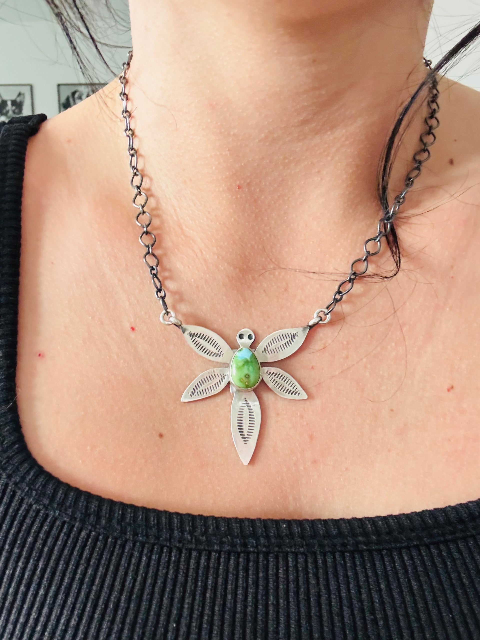 Navajo Made Sonoran Mountain Turquoise & Sterling Silver Dragonfly Necklace