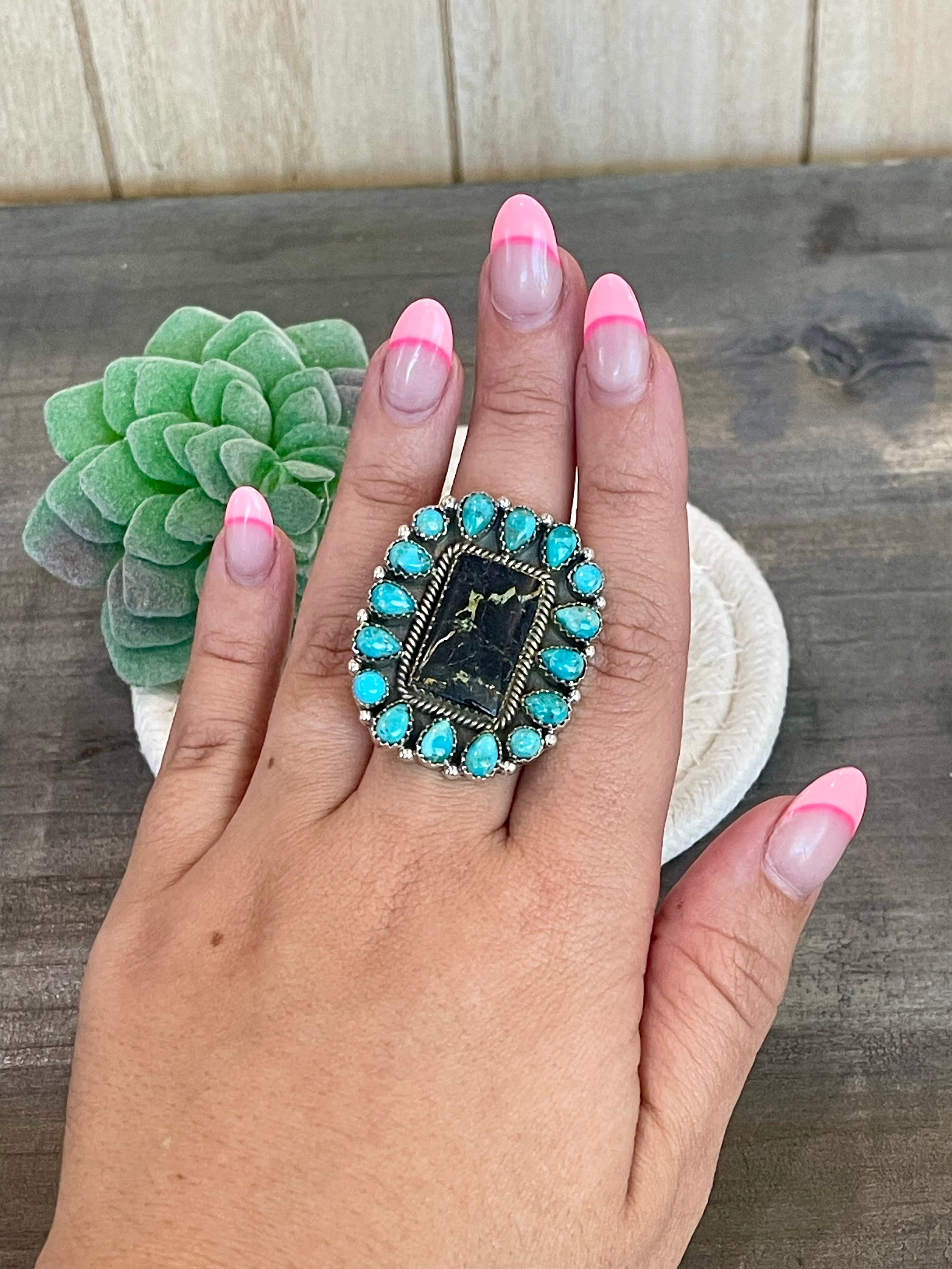 Southwest Handmade BlackJack Turquoise And Kingman Turquoise & Sterling Silver Adjustable Ring