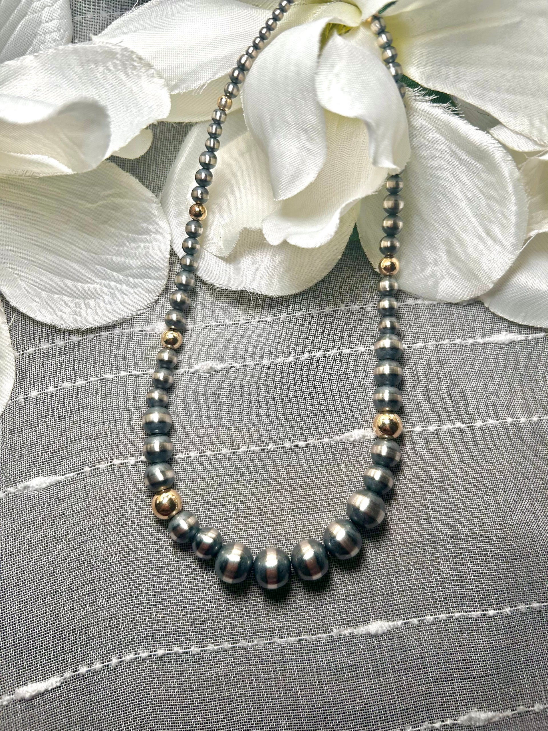 Navajo Made Strung 14K Gold Plate & Sterling Silver Necklace