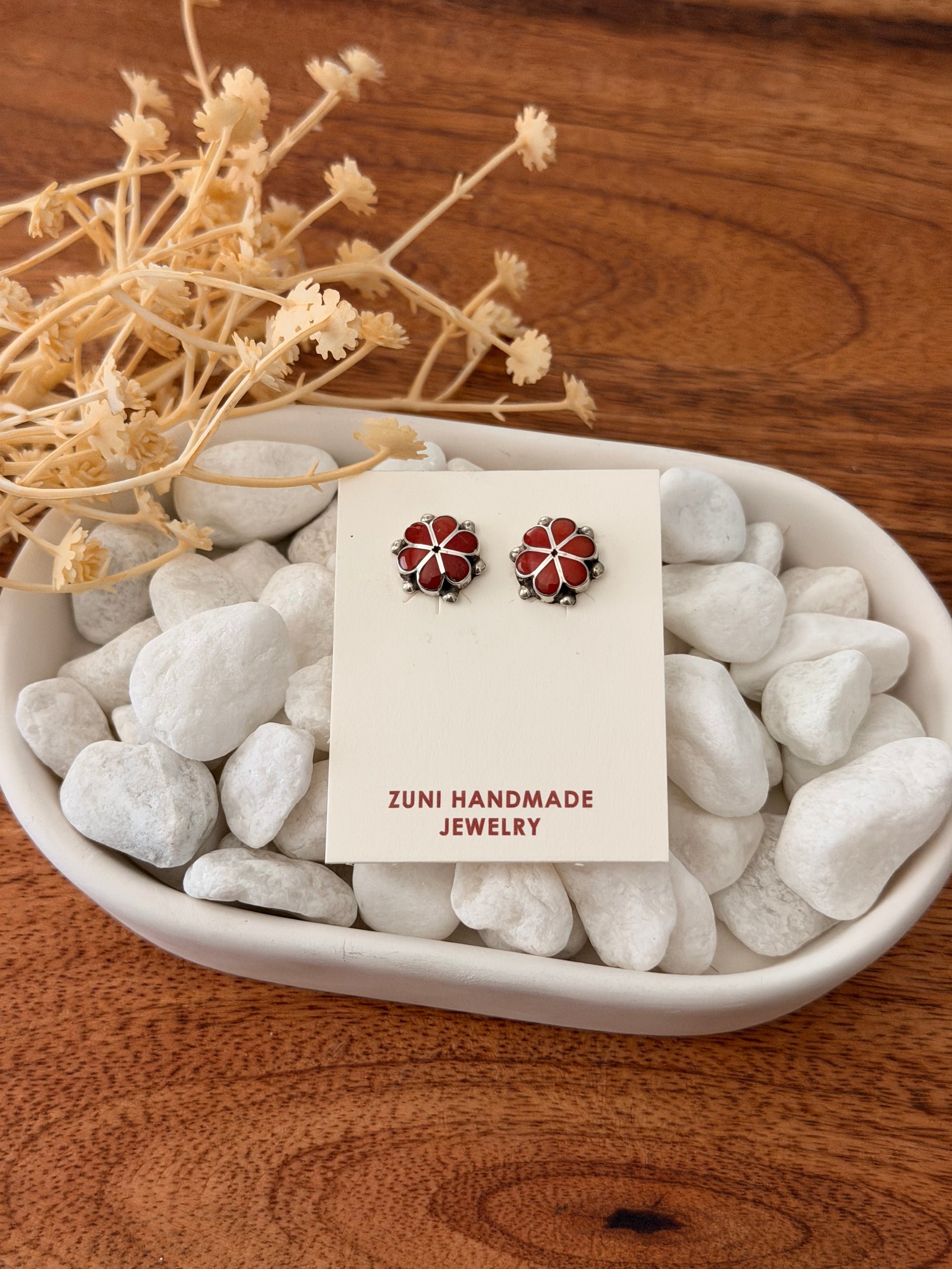 Zuni Made Coral & Sterling Silver Post Inlay Earrings