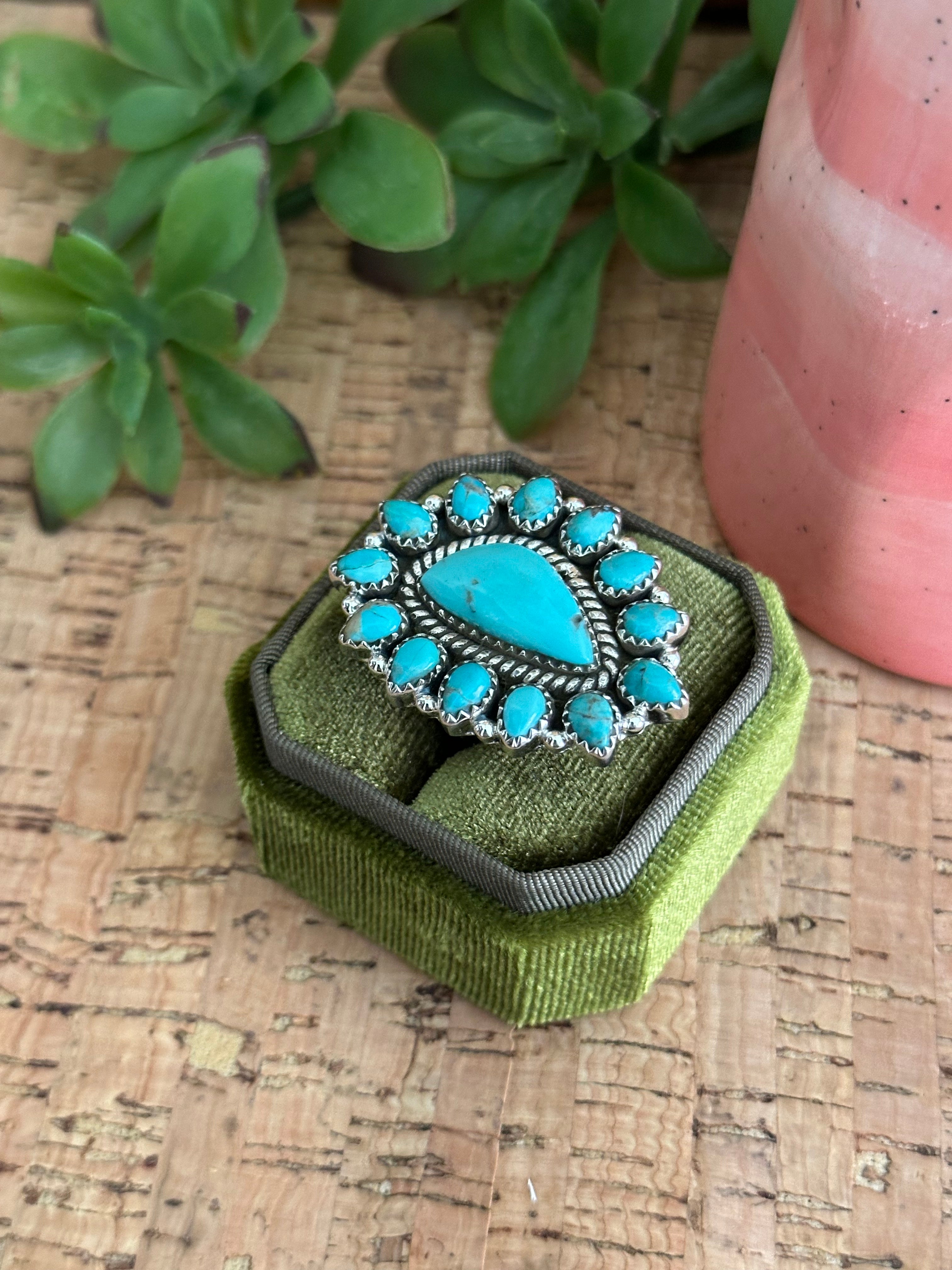 Southwest Handmade Kingman Turquoise & Sterling Silver Adjustable Cluster Ring