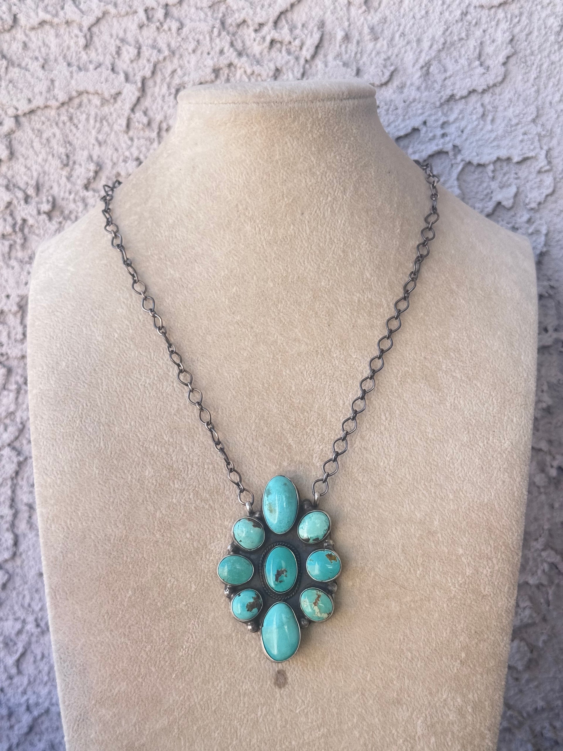 Navajo Made Mixed Turquoise & Sterling Sliver Cluster Necklace