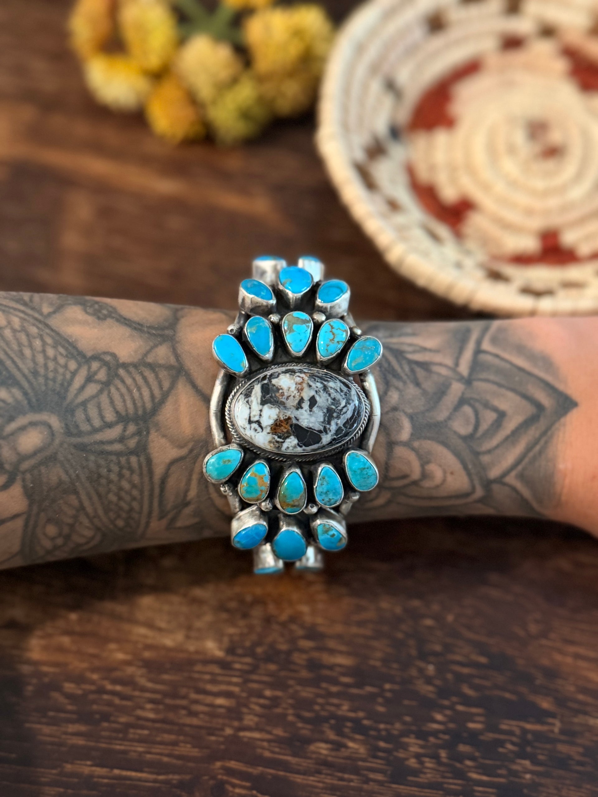 Bobby Johnson Multi Stone & Sterling Silver Cluster Cuff Bracelet