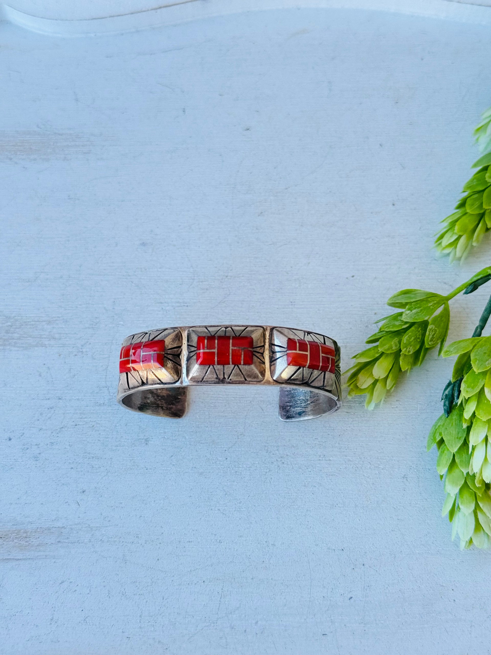Vintage Navajo Made Coral & Sterling Silver Cuff Bracelet