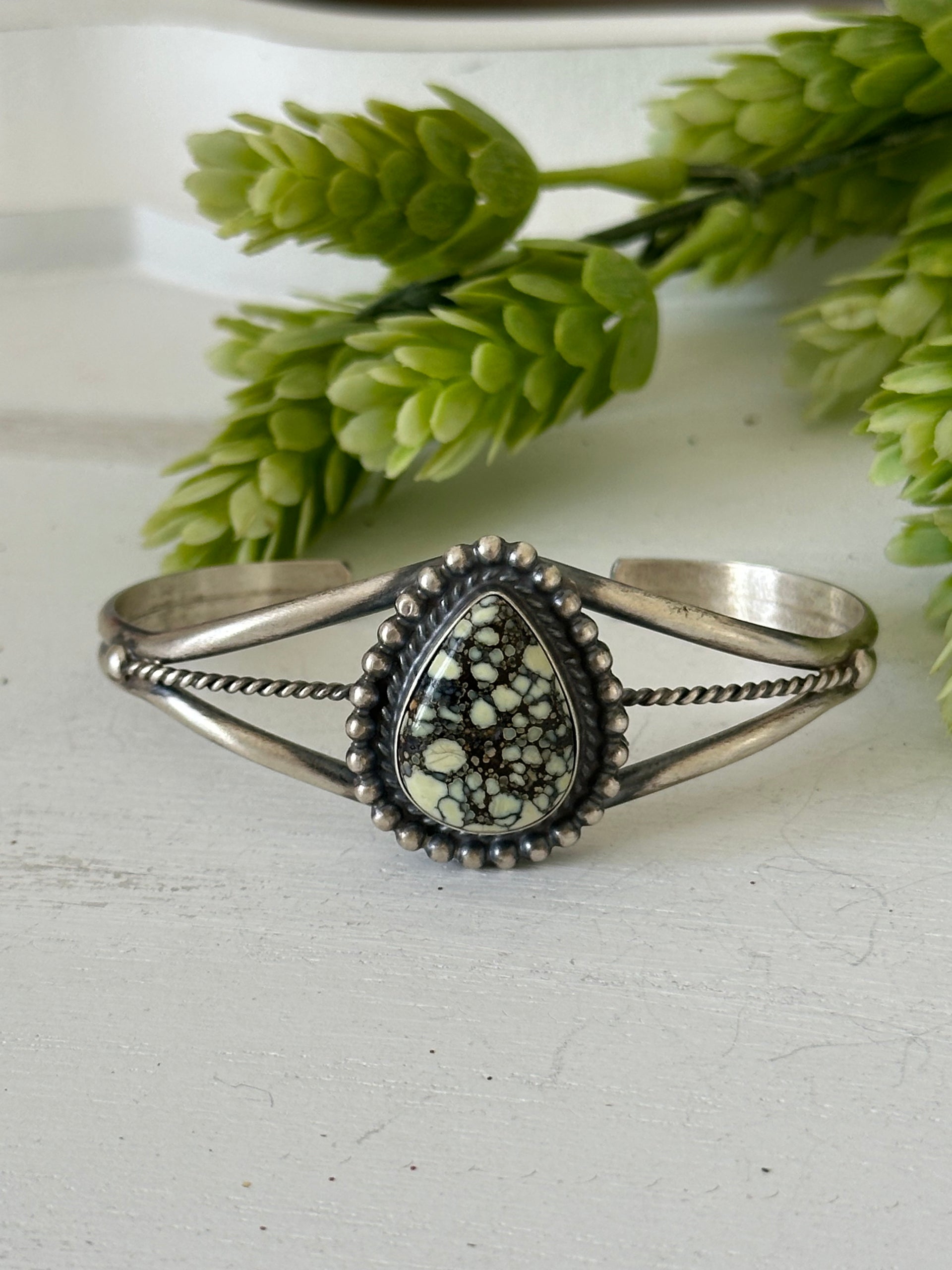 Navajo Made New Lander Variscite & Sterling Silver Cuff Bracelet