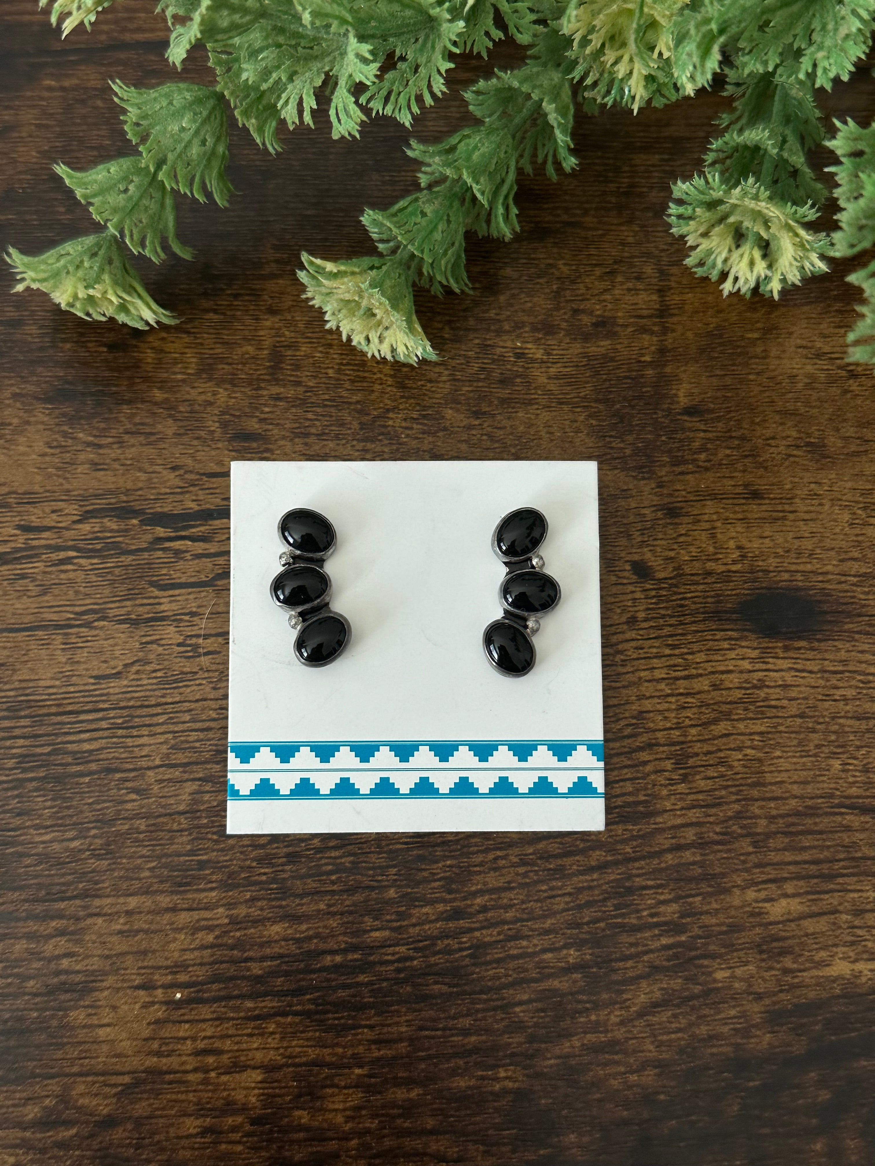 Navajo Made Onyx & Sterling Silver Post Dangle Earrings