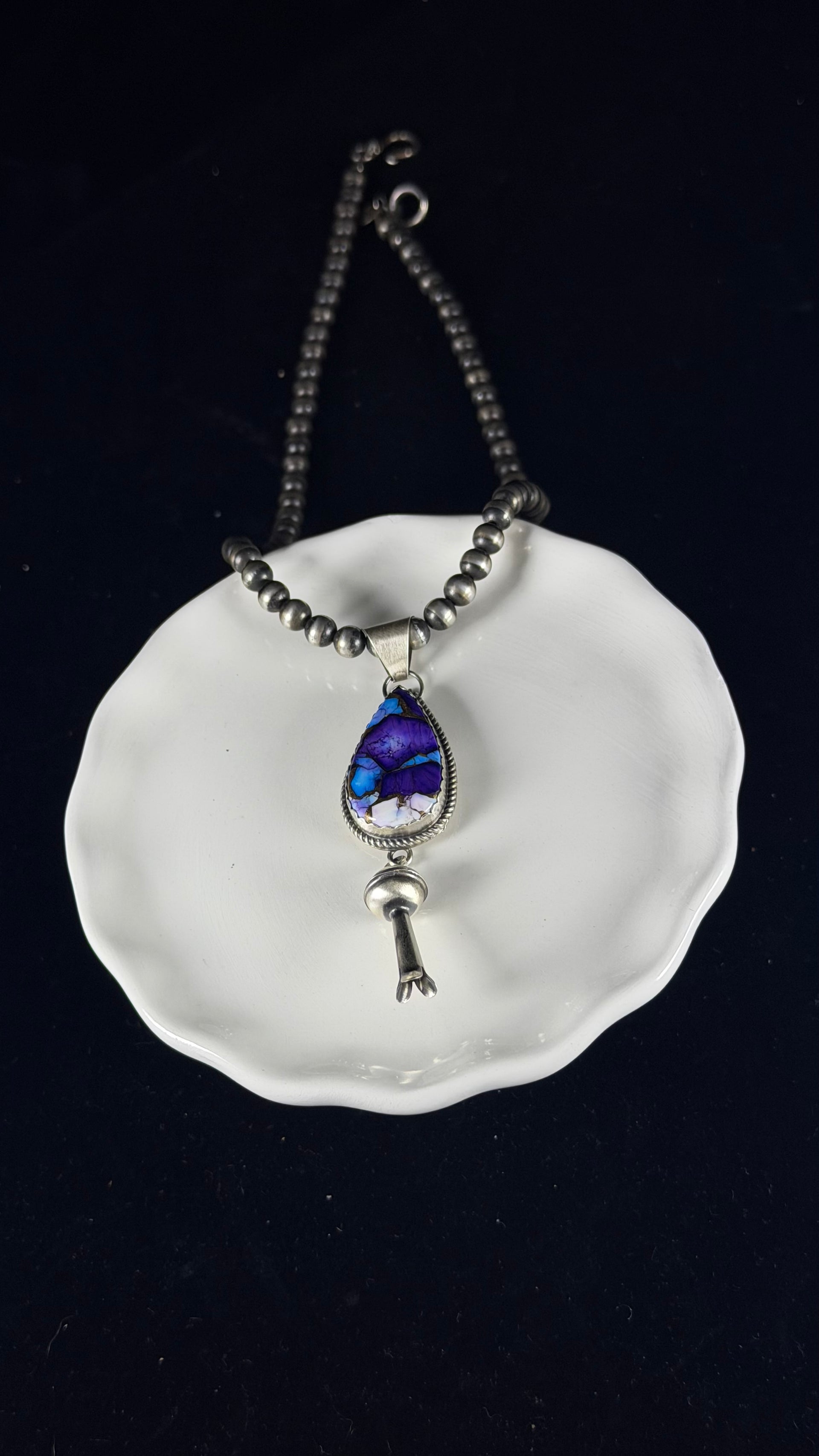 Navajo Made Purple Mohave Turquoise & Sterling Silver Blossom Pendant