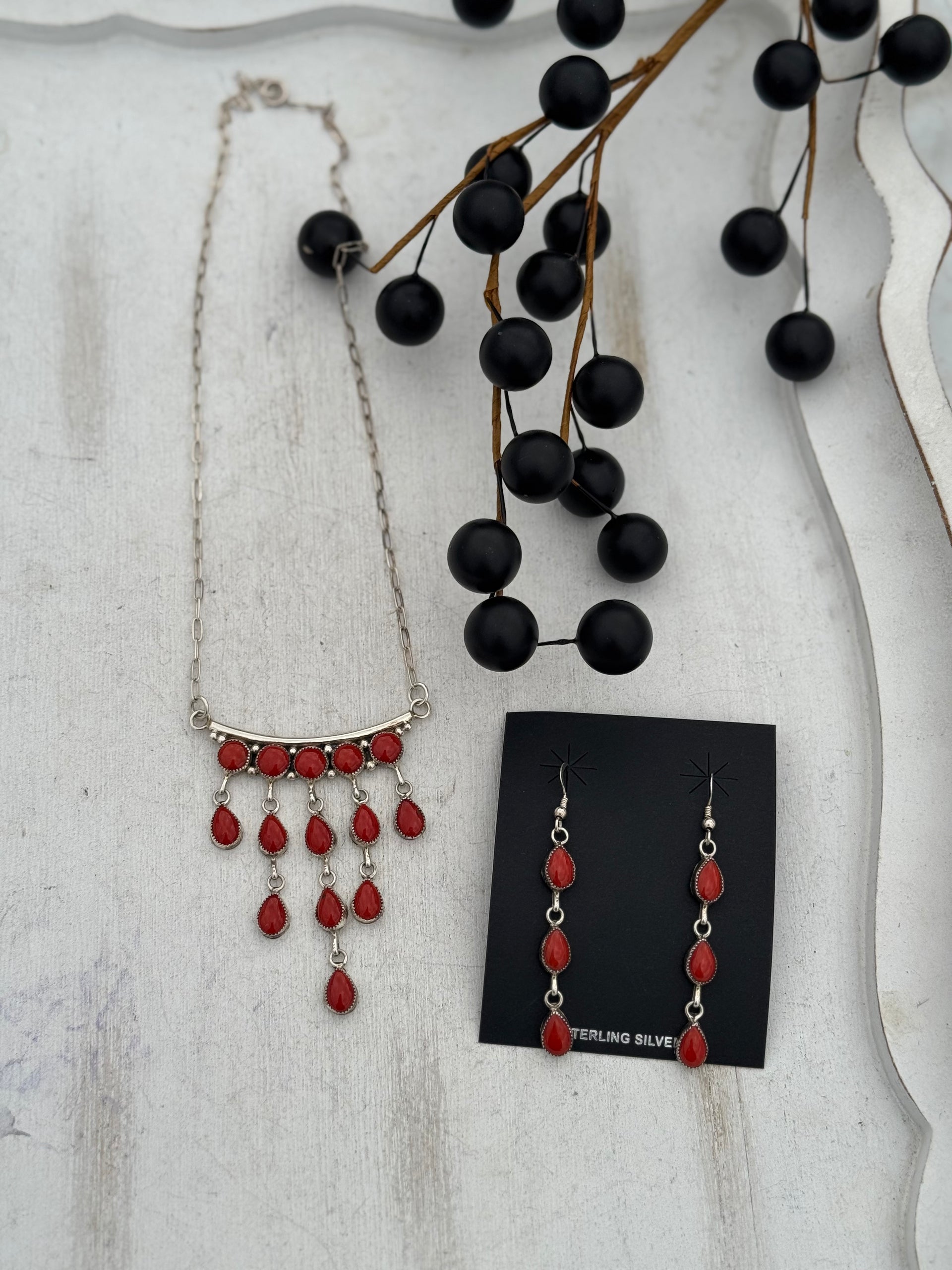 Anna Spencer Natural Coral & Sterling Silver Necklace Set