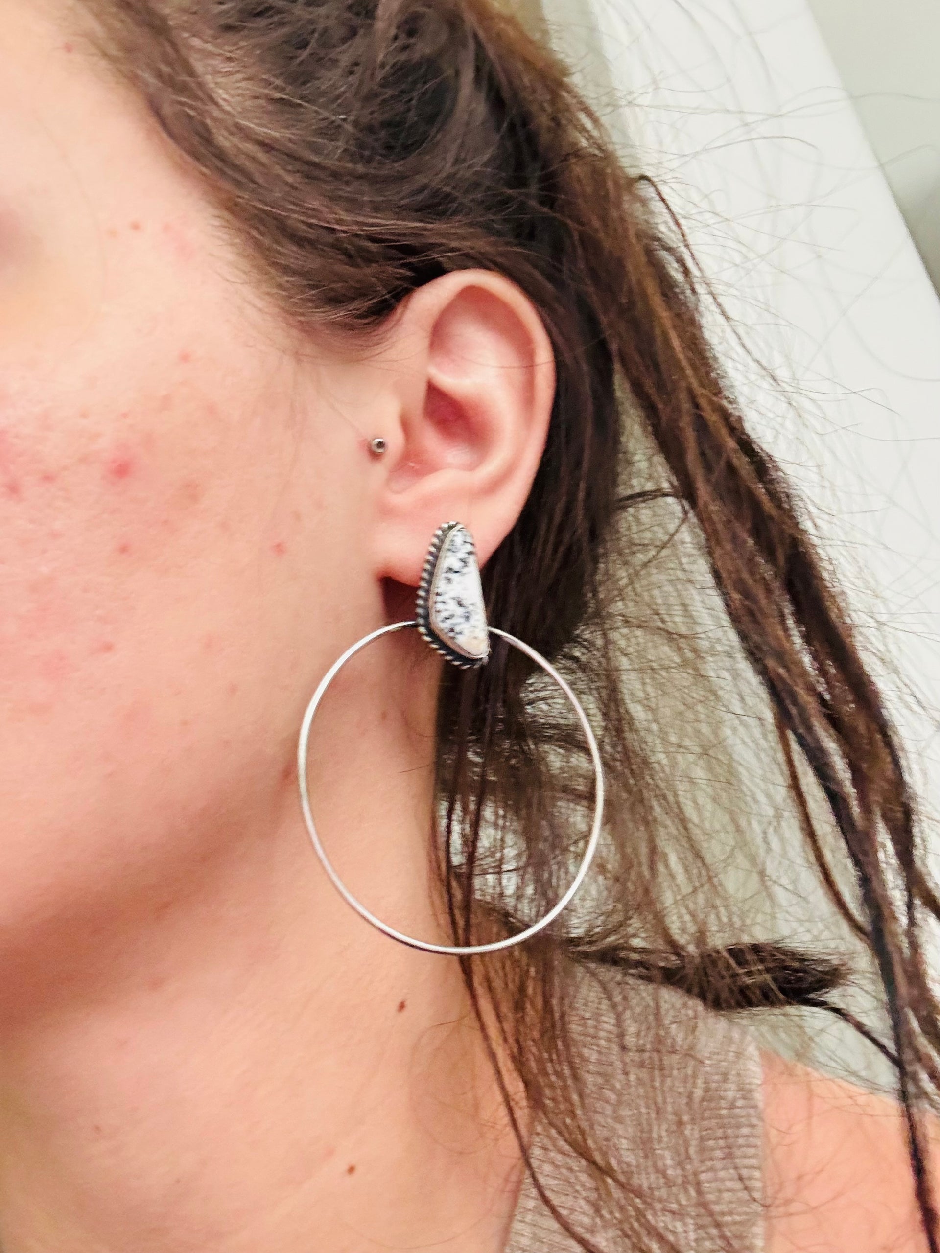 Elouise Kee White Buffalo & Sterling Silver Post Dangle Hoop Earrings