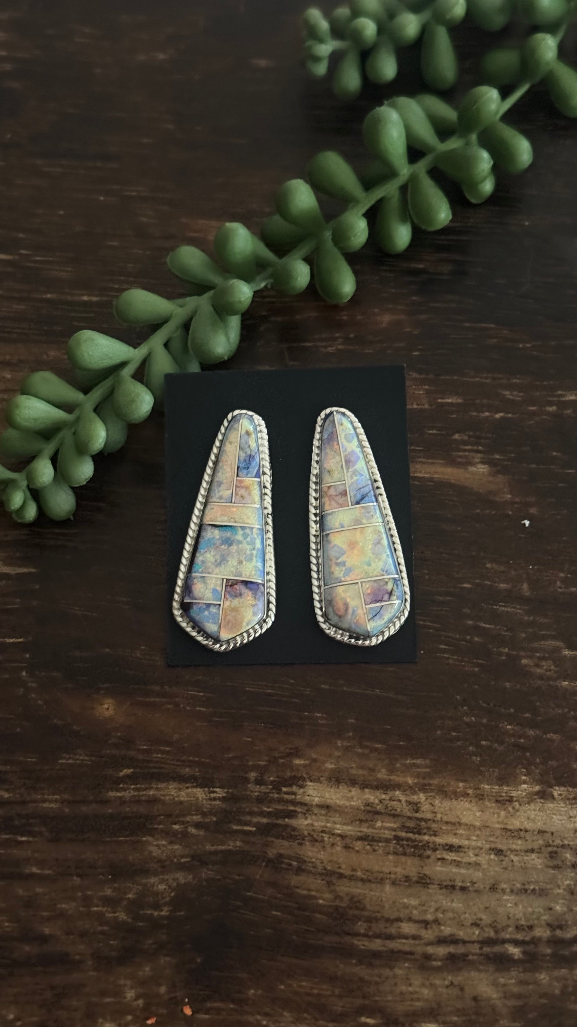 Navajo Made Opal & Sterling Silver Post Dangle Inlay Earrings