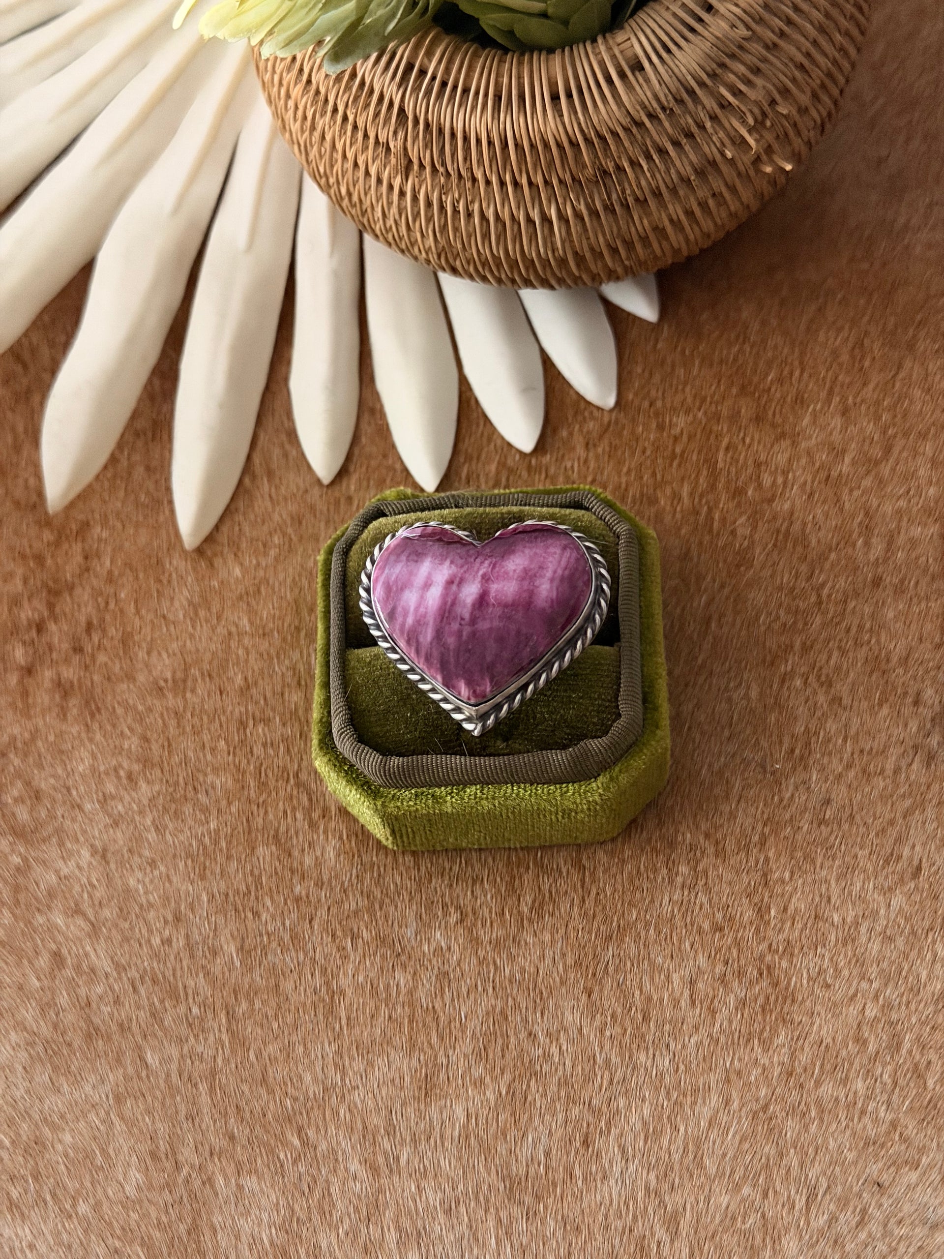 Navajo Made Purple Spiny Oyster & Sterling Silver Adjustable Heart Ring
