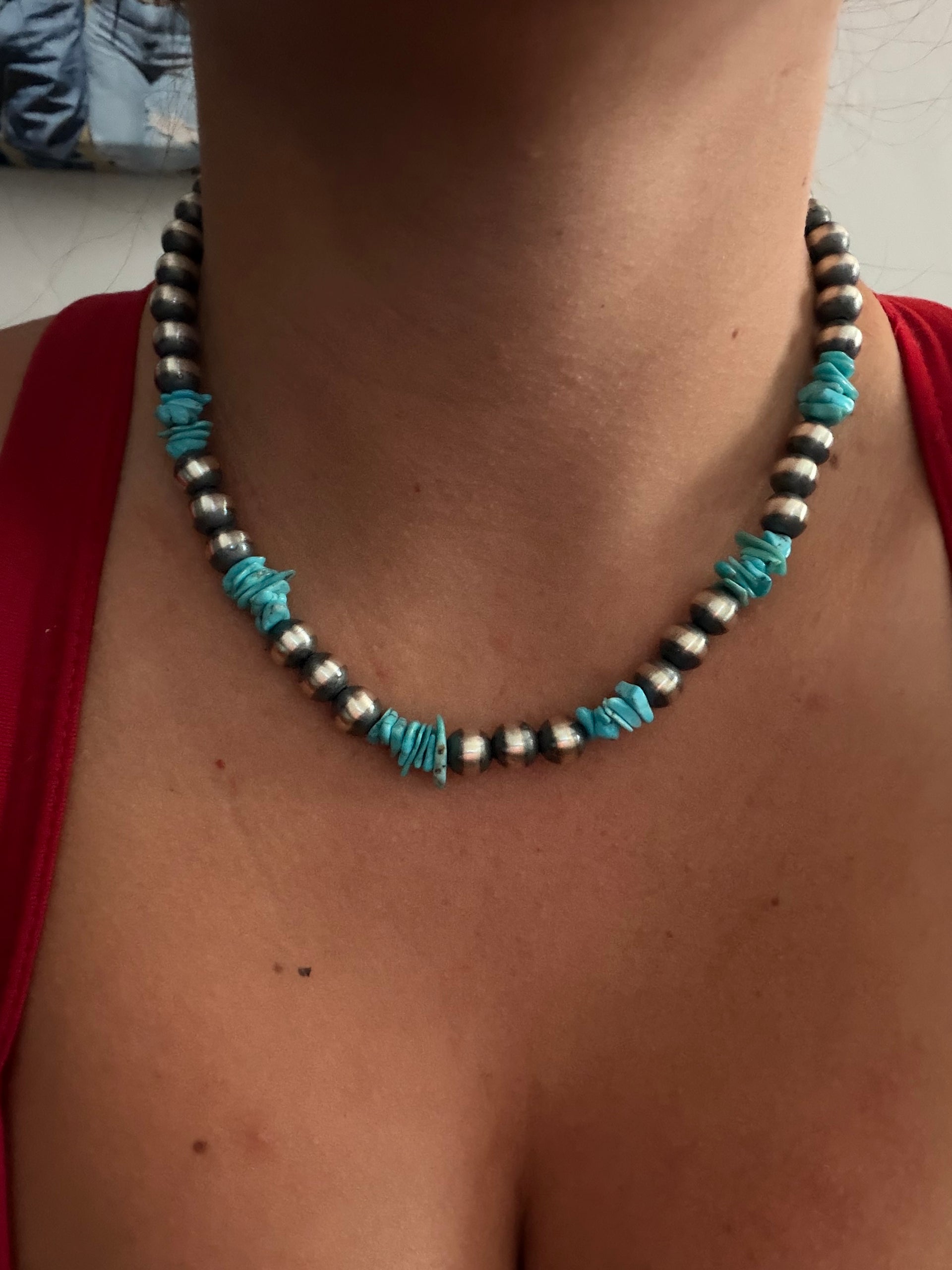 Navajo Strung Campitos Turquoise & Sterling Silver Pearl Necklace
