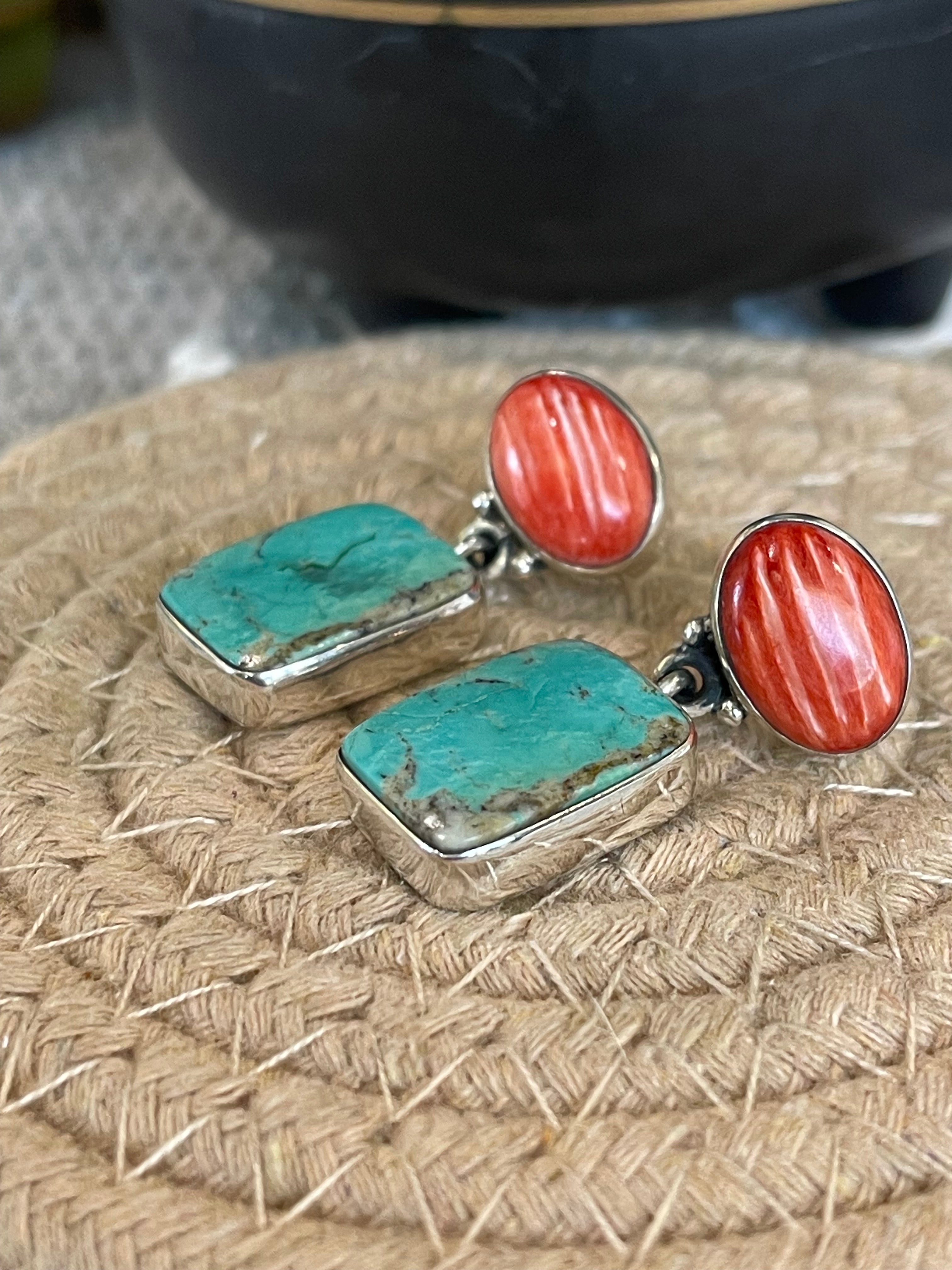 Southwest Handmade Multi Stone & Sterling Silver Post Dangle Earrings