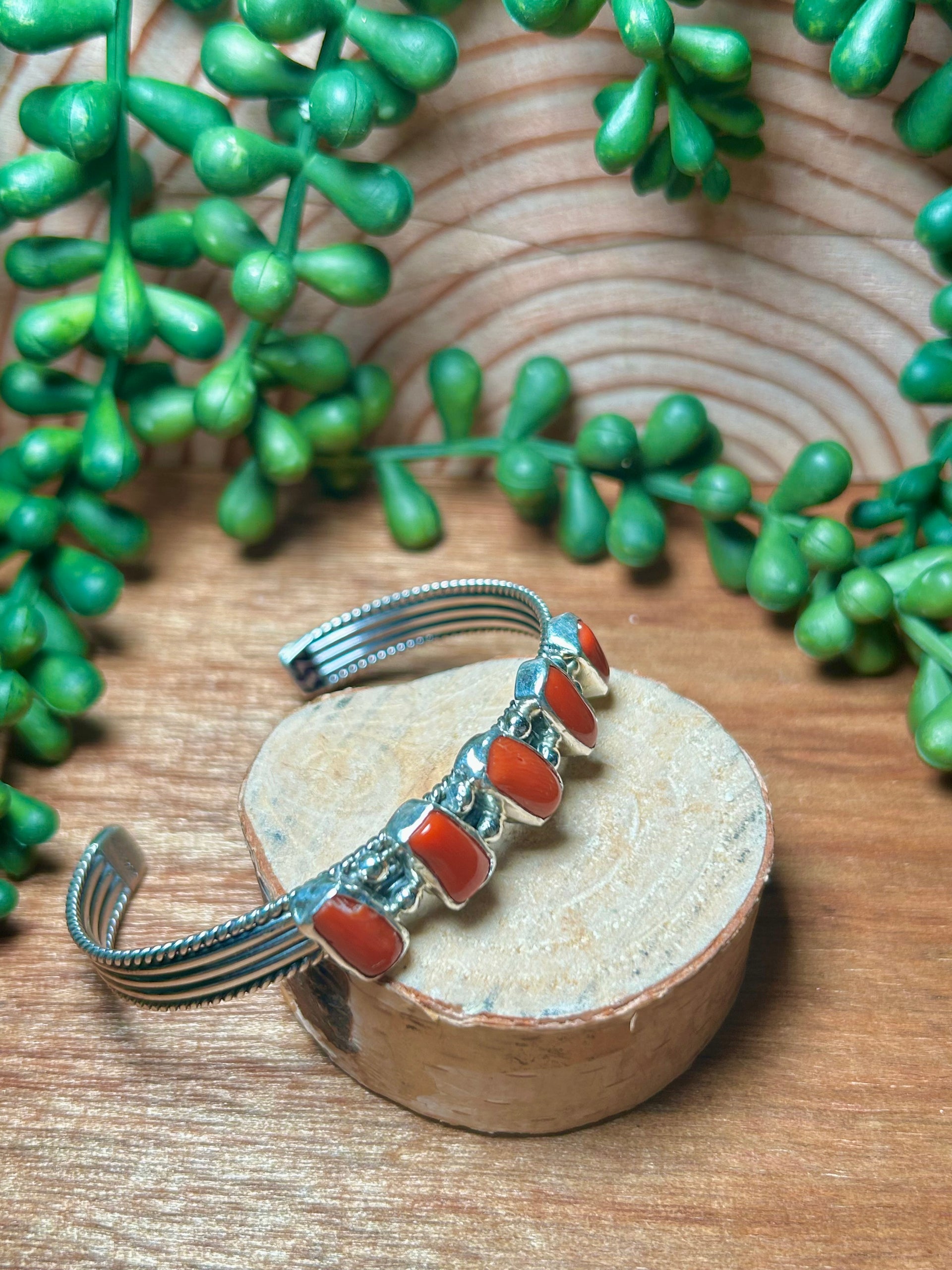 Navajo Made Red Coral & Sterling Silver Cuff Bracelet