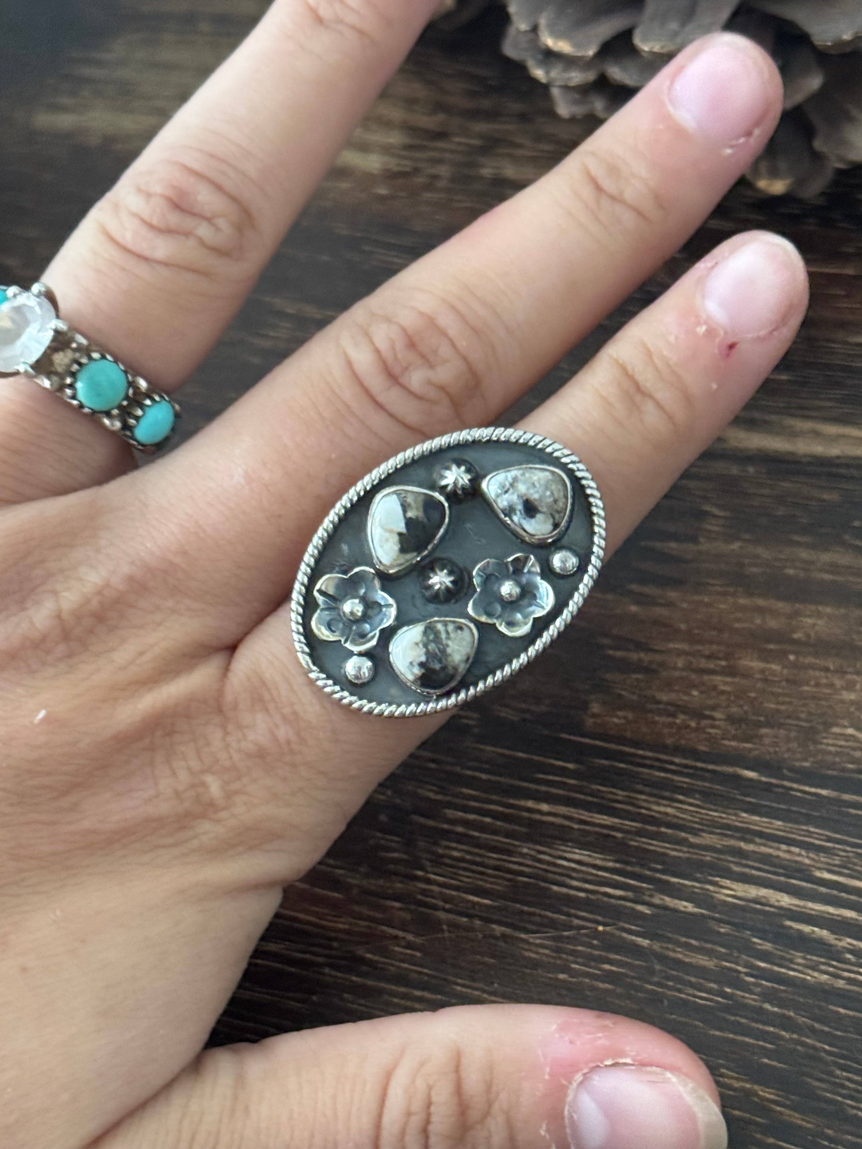 Southwest Handmade White Buffalo & Sterling Silver Adjustable Ring