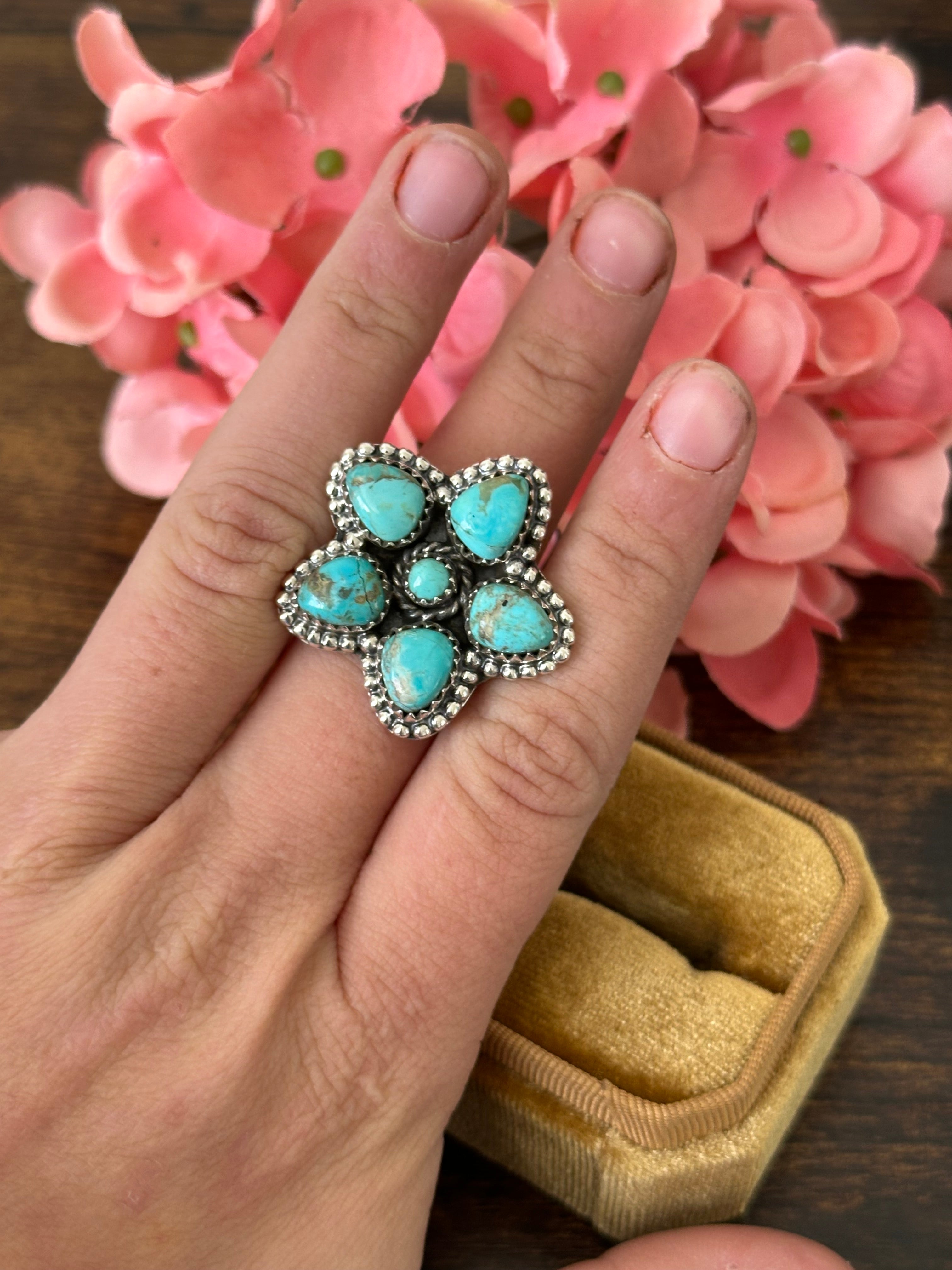 Southwest Handmade Kingman Turquoise & Sterling Silver Cluster Adjustable Ring