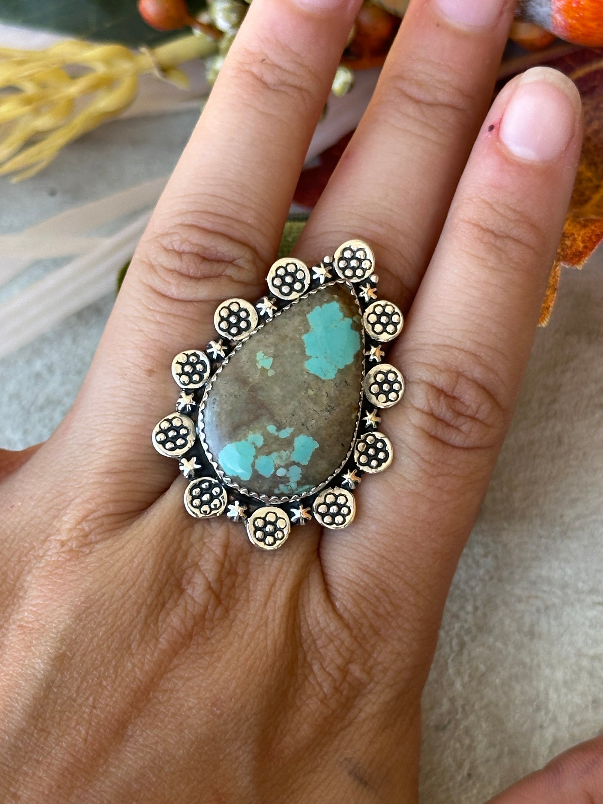 Southwest Handmade #8 Turquoise & Sterling Silver Adjustable Ring