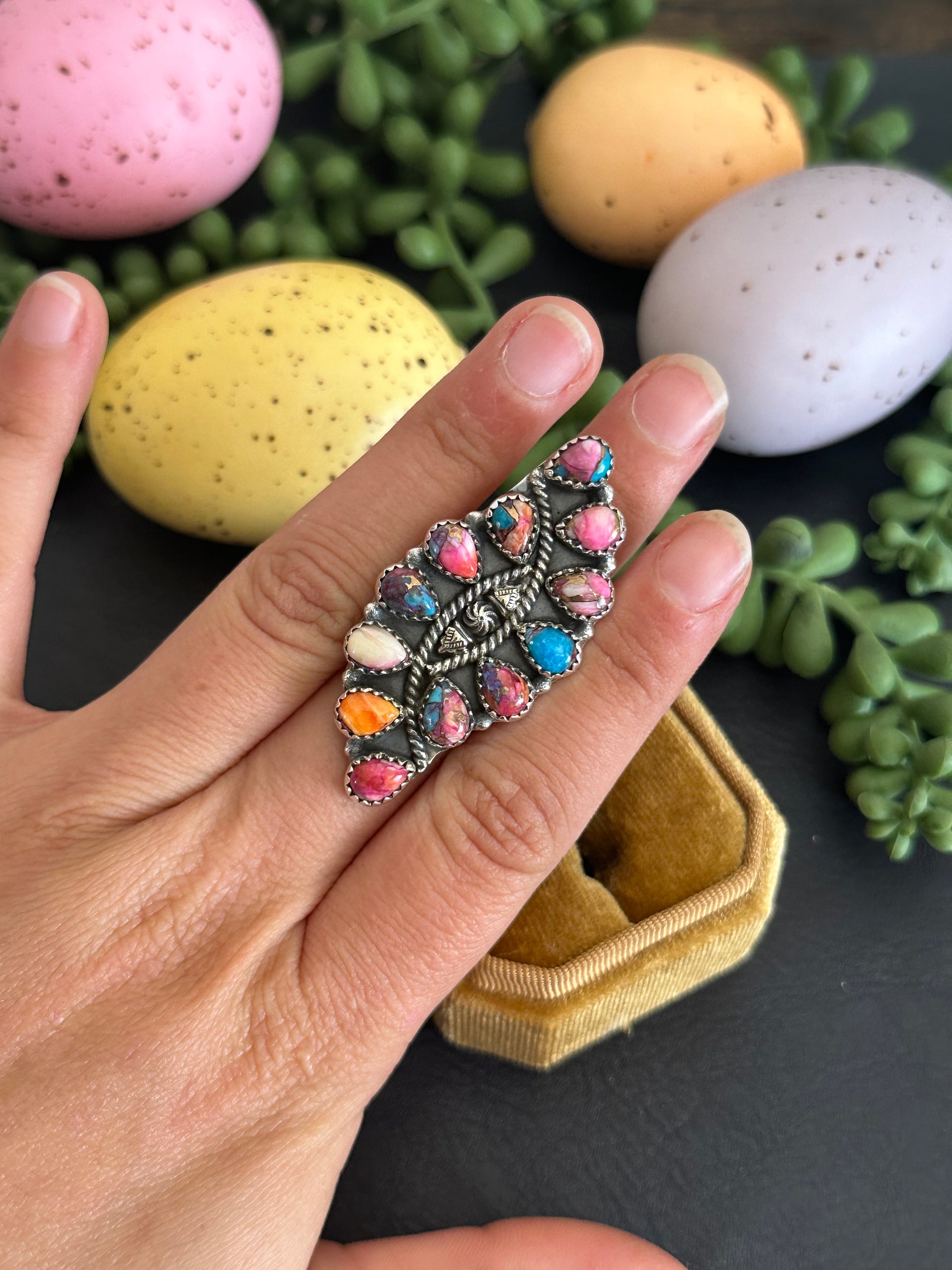 TTD “Twin Flame” Mohave Turquoise & Sterling Silver Adjustable Cluster Ring