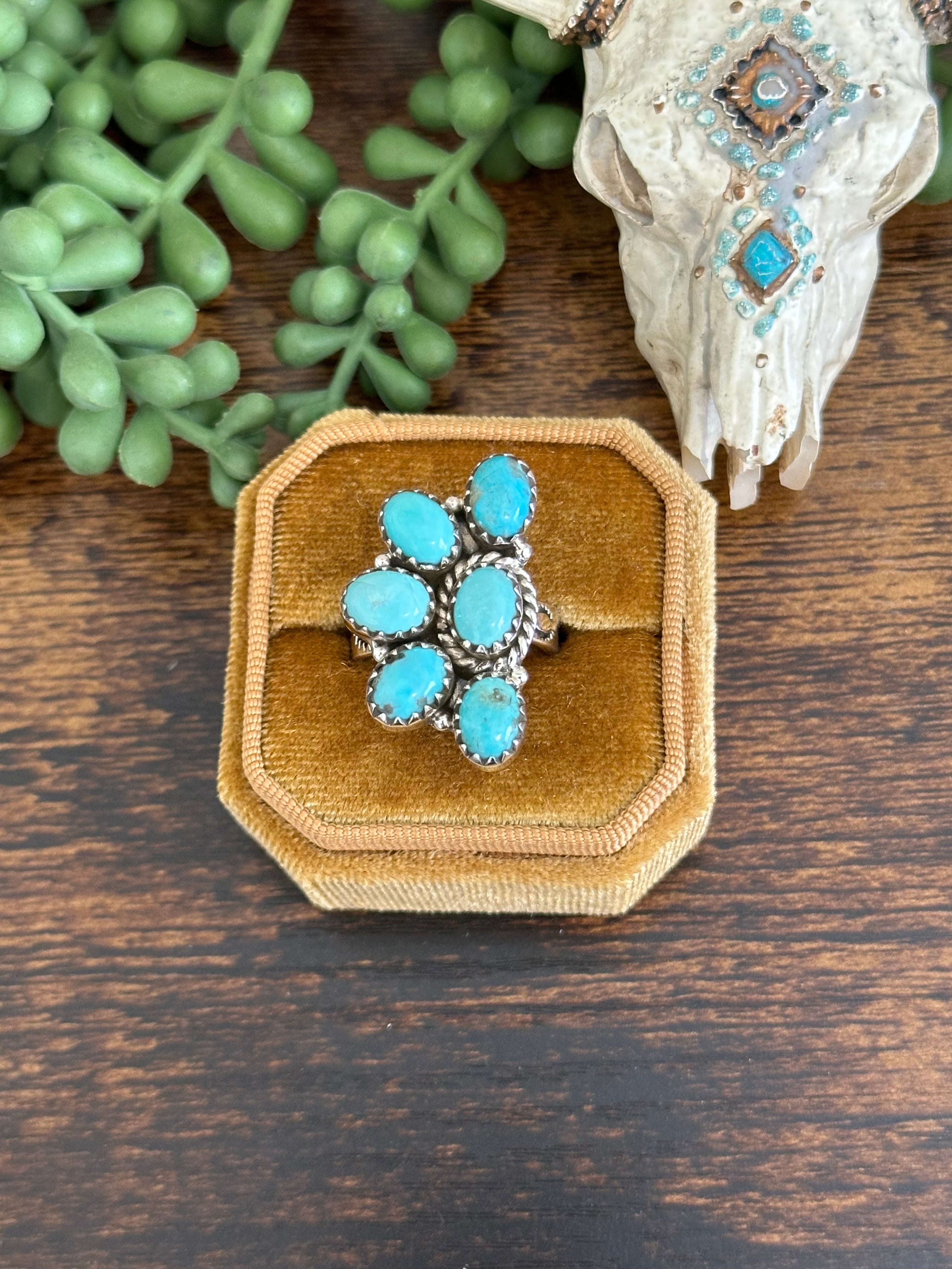 Southwest Handmade Kingman Turquoise & Sterling Silver Adjustable Cluster Ring