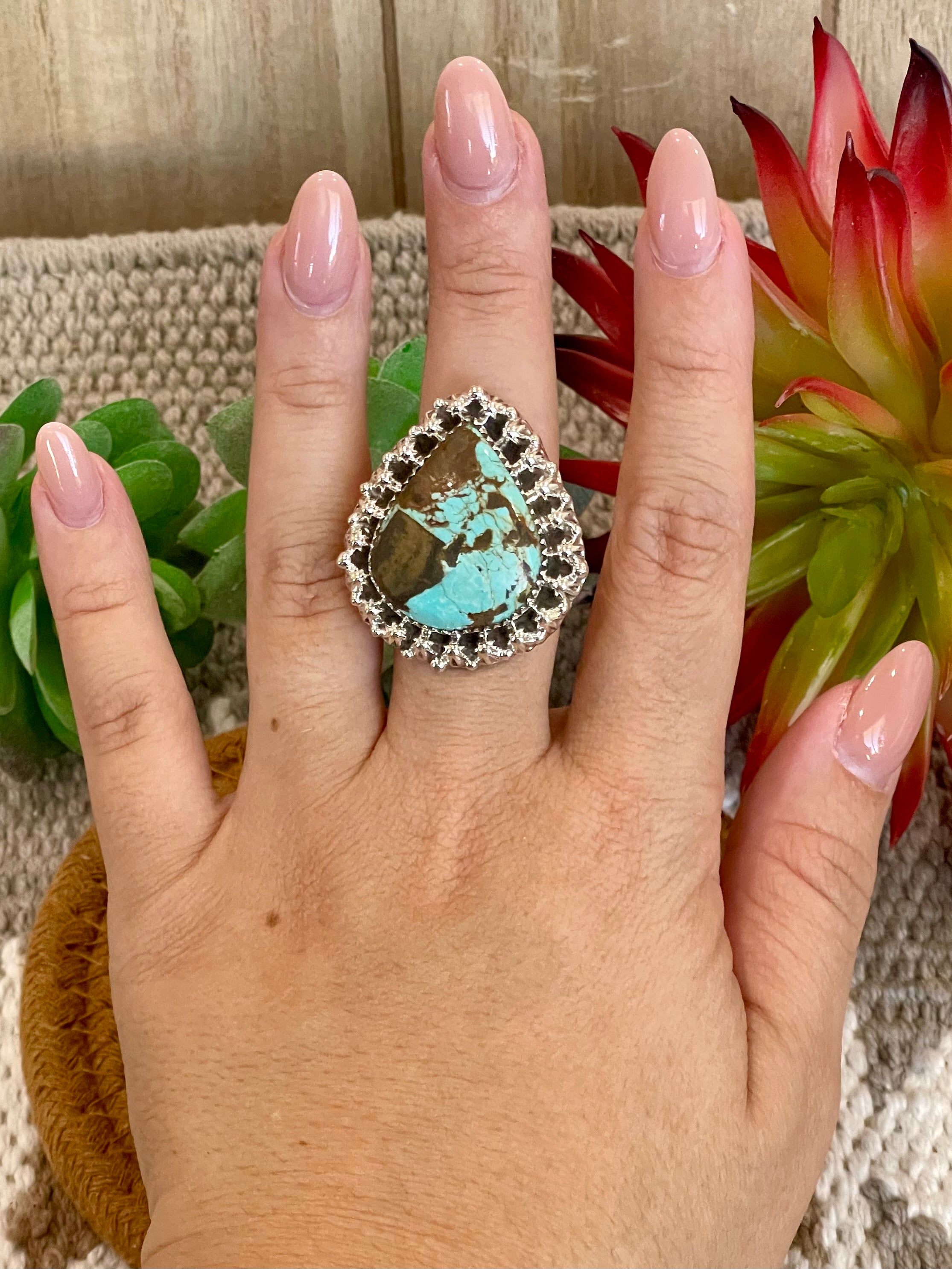 Southwest Handmade Number 8 Turquoise & Sterling Silver Adjustable Ring