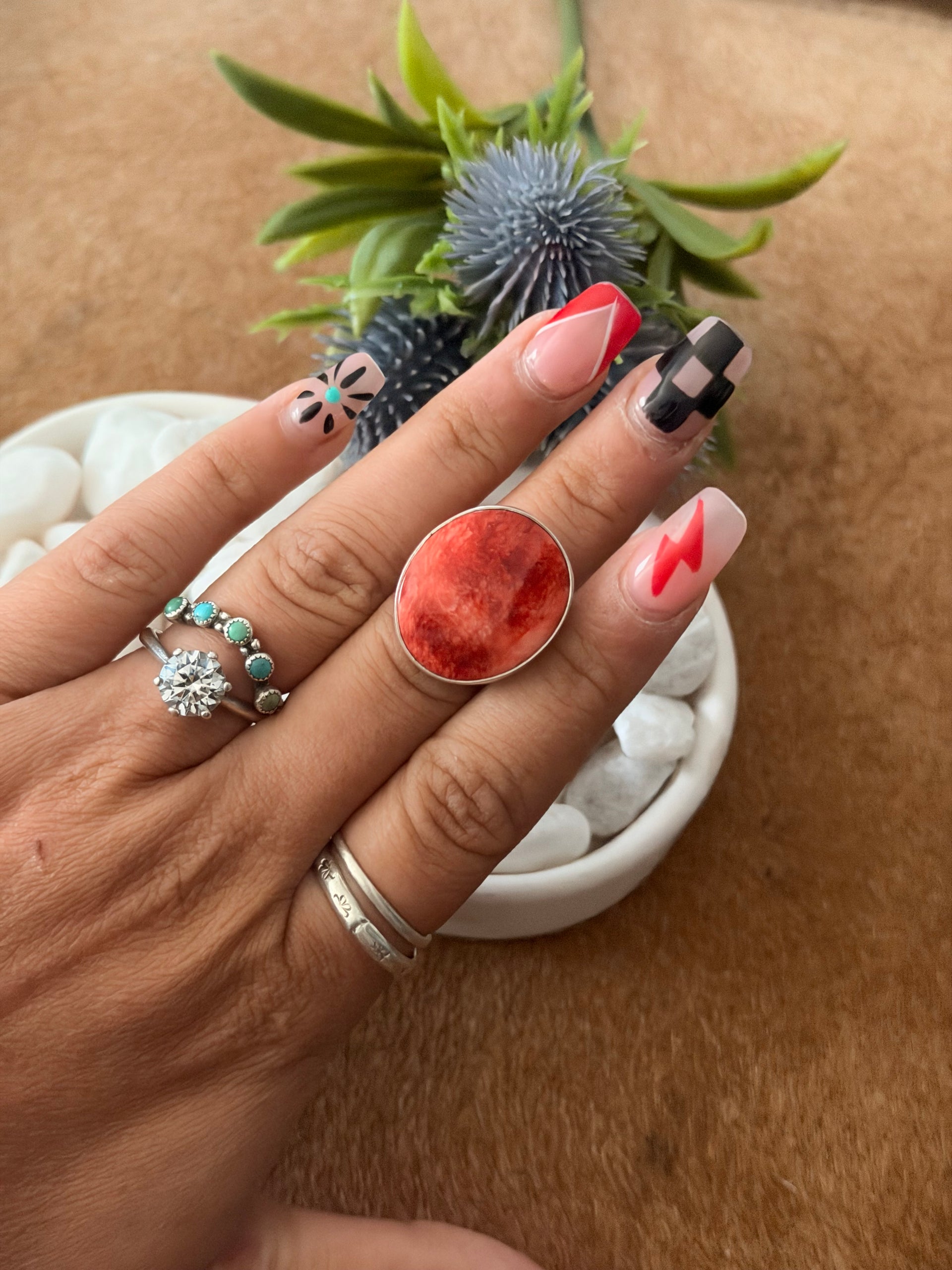 Navajo Made Red Spiny Oyster & Sterling Silver Ring Size 5.5