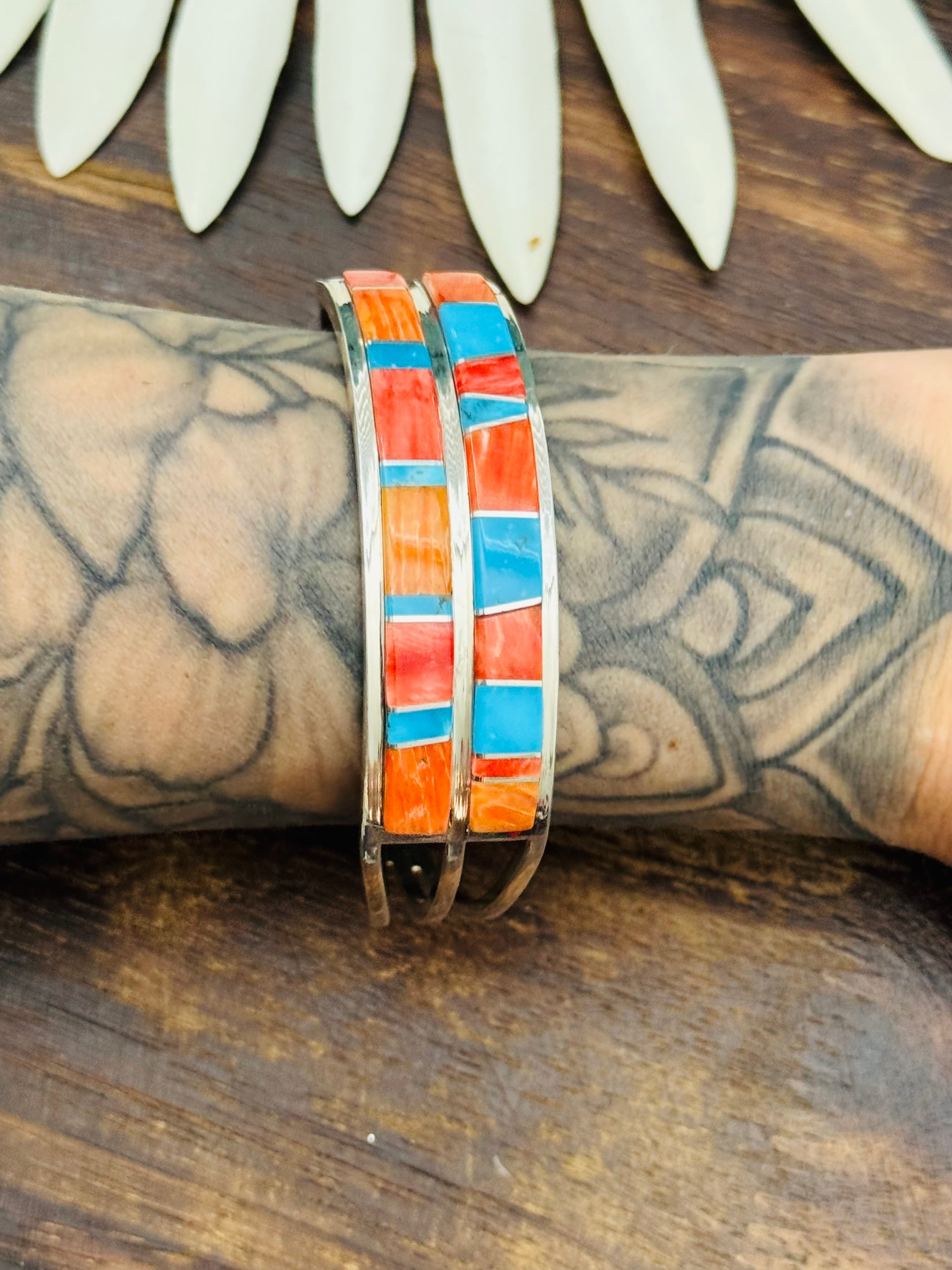 Navajo Made Multi Stone & Sterling Silver Inlay Cuff Bracelet