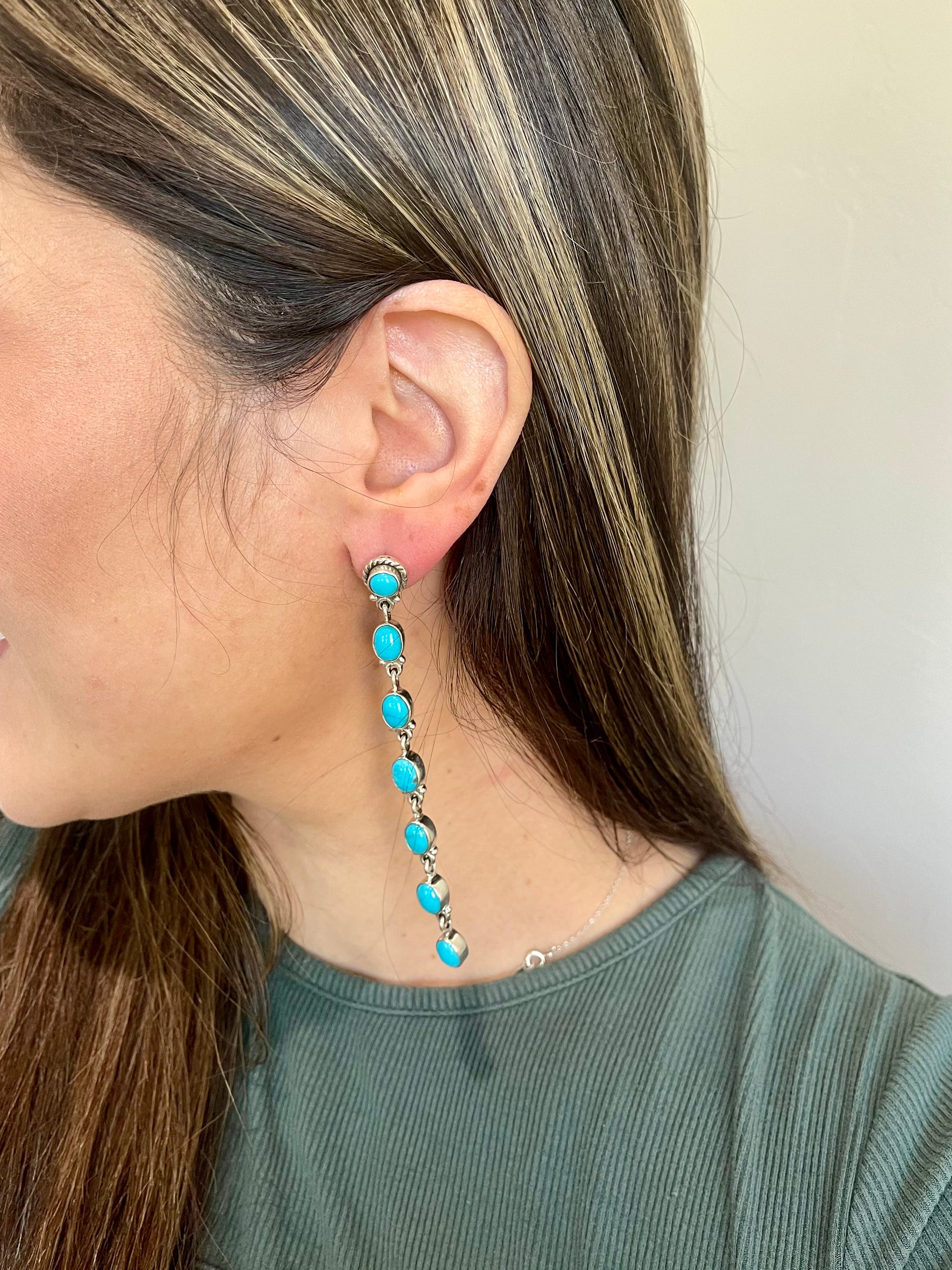 Southwest Handmade Kingman Turquoise & Sterling Silver Post Dangle 7 Stone Earrings