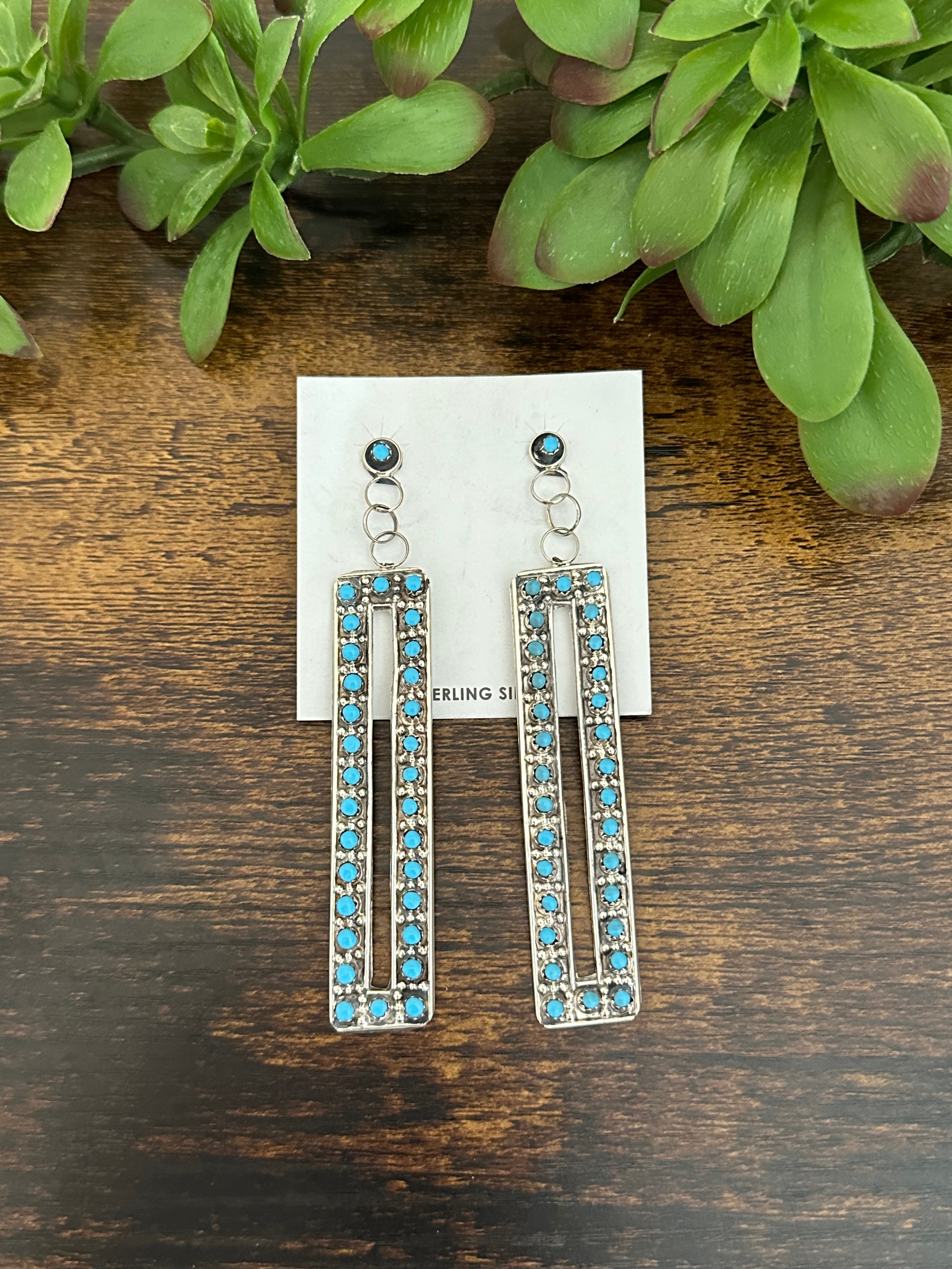 Joann Cheama Turquoise & Sterling Silver Post Dangle Earrings