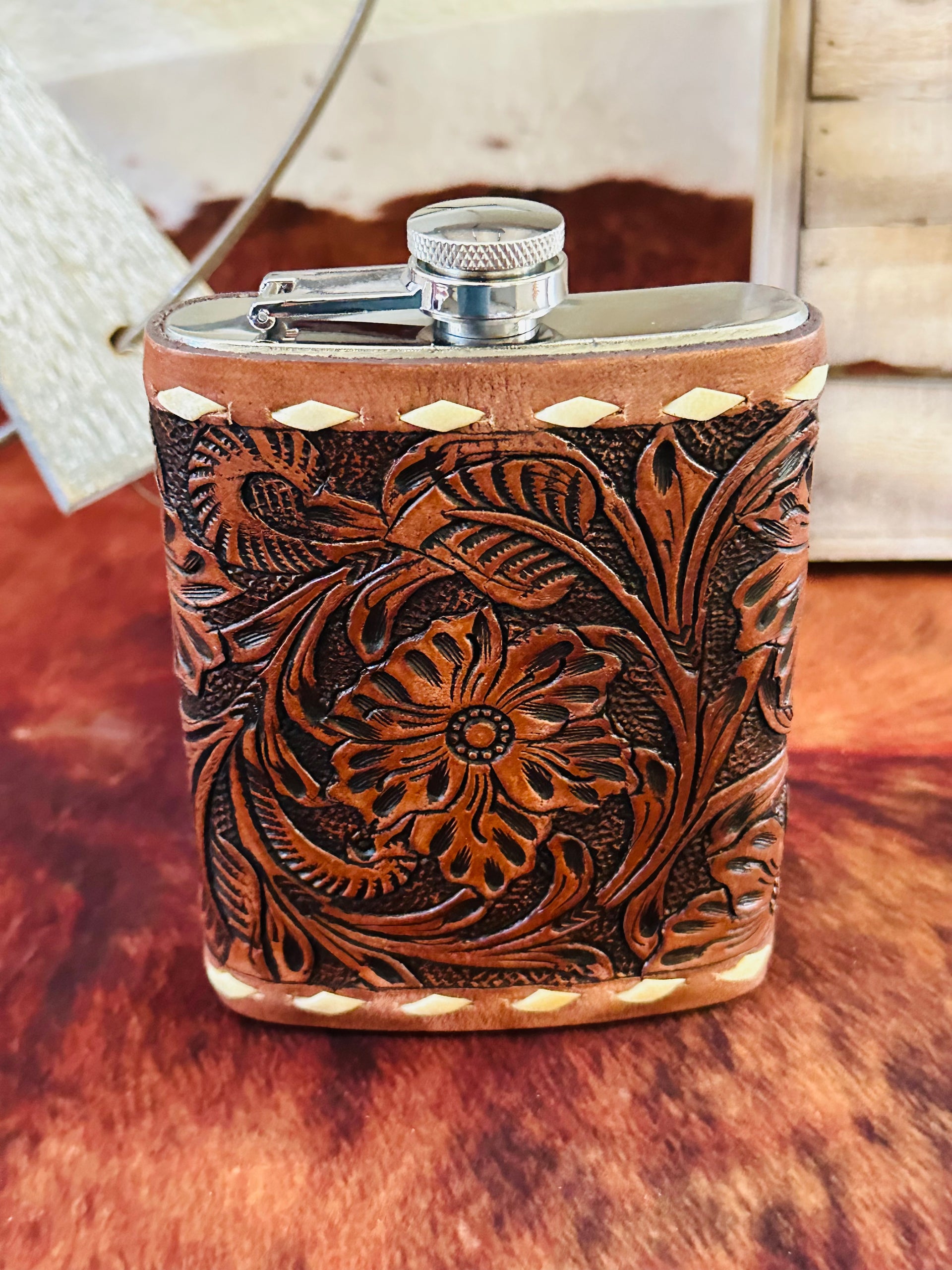Genuine Tooled Leather 8 oz Flask