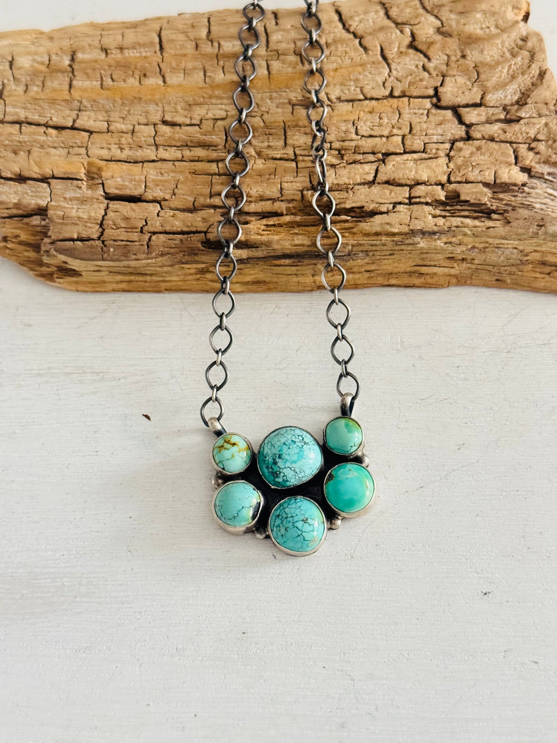 Navajo Made Blue Moon & Sterling Silver Cluster Necklace