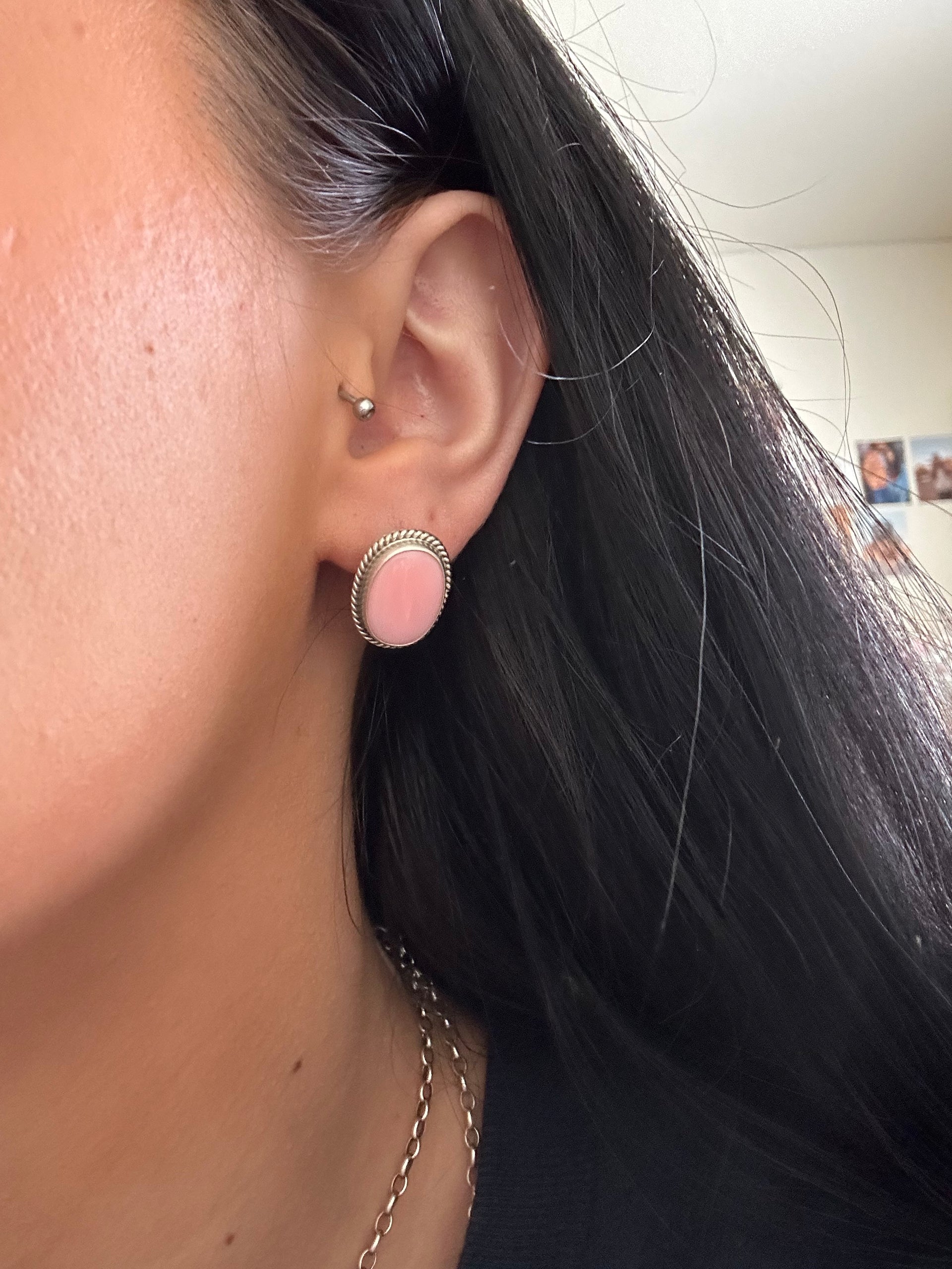 Navajo Handmade Pink Conch & Sterling Silver Post Earrings
