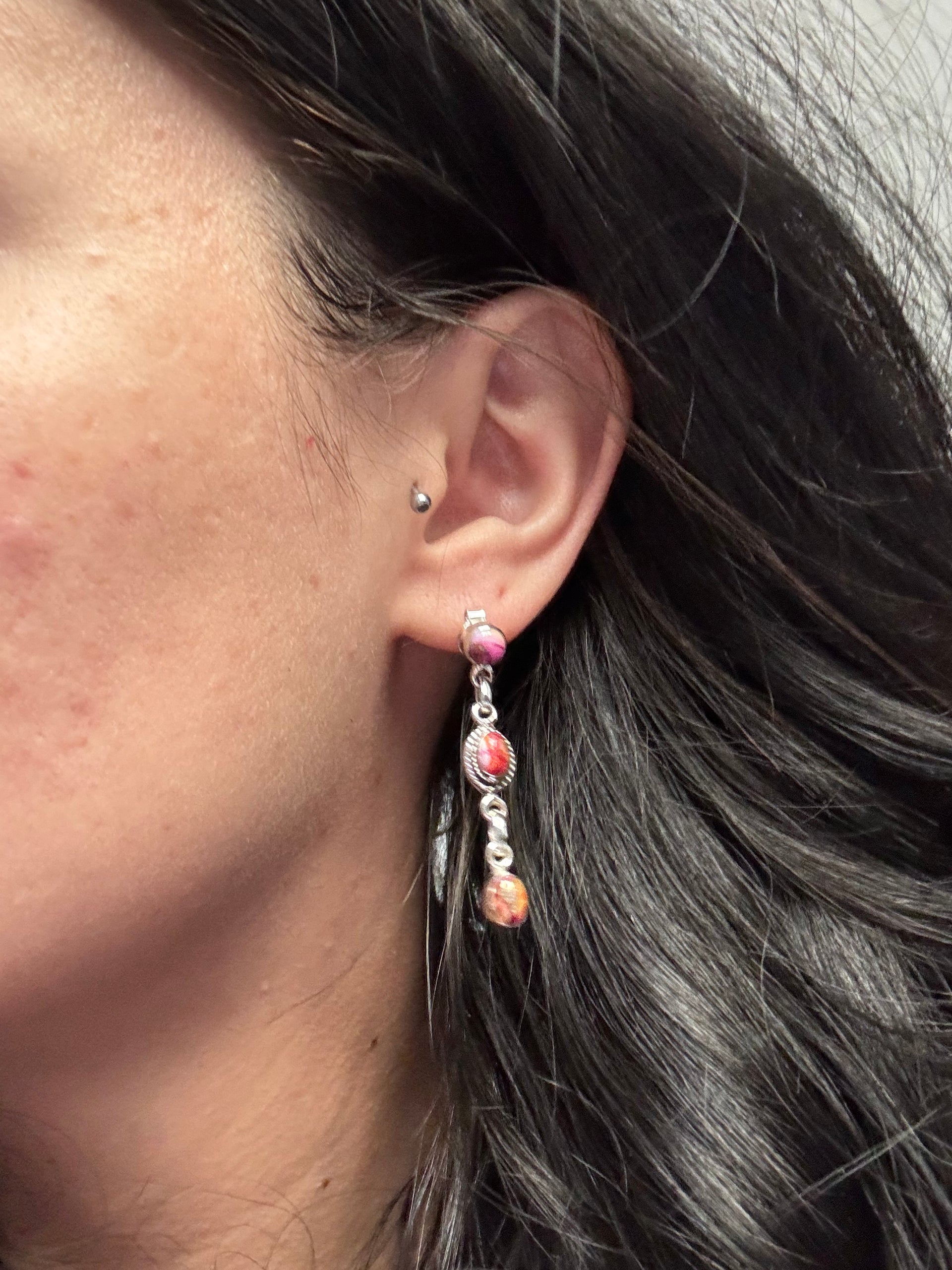 Southwest Handmade Pink Mohave Turquoise & Sterling Silver Post Dangle Earrings