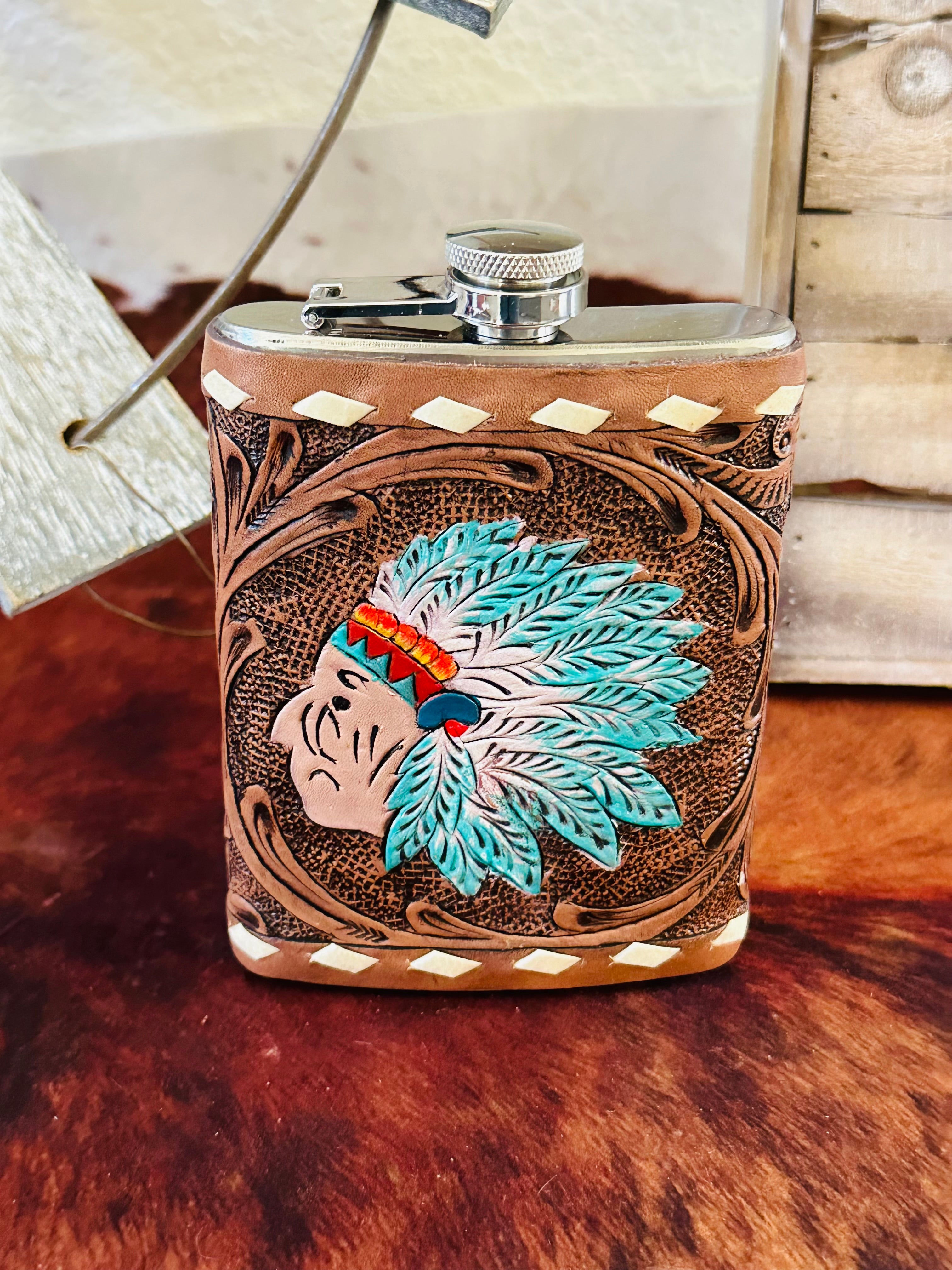 Genuine Tooled Leather 8 oz Flask