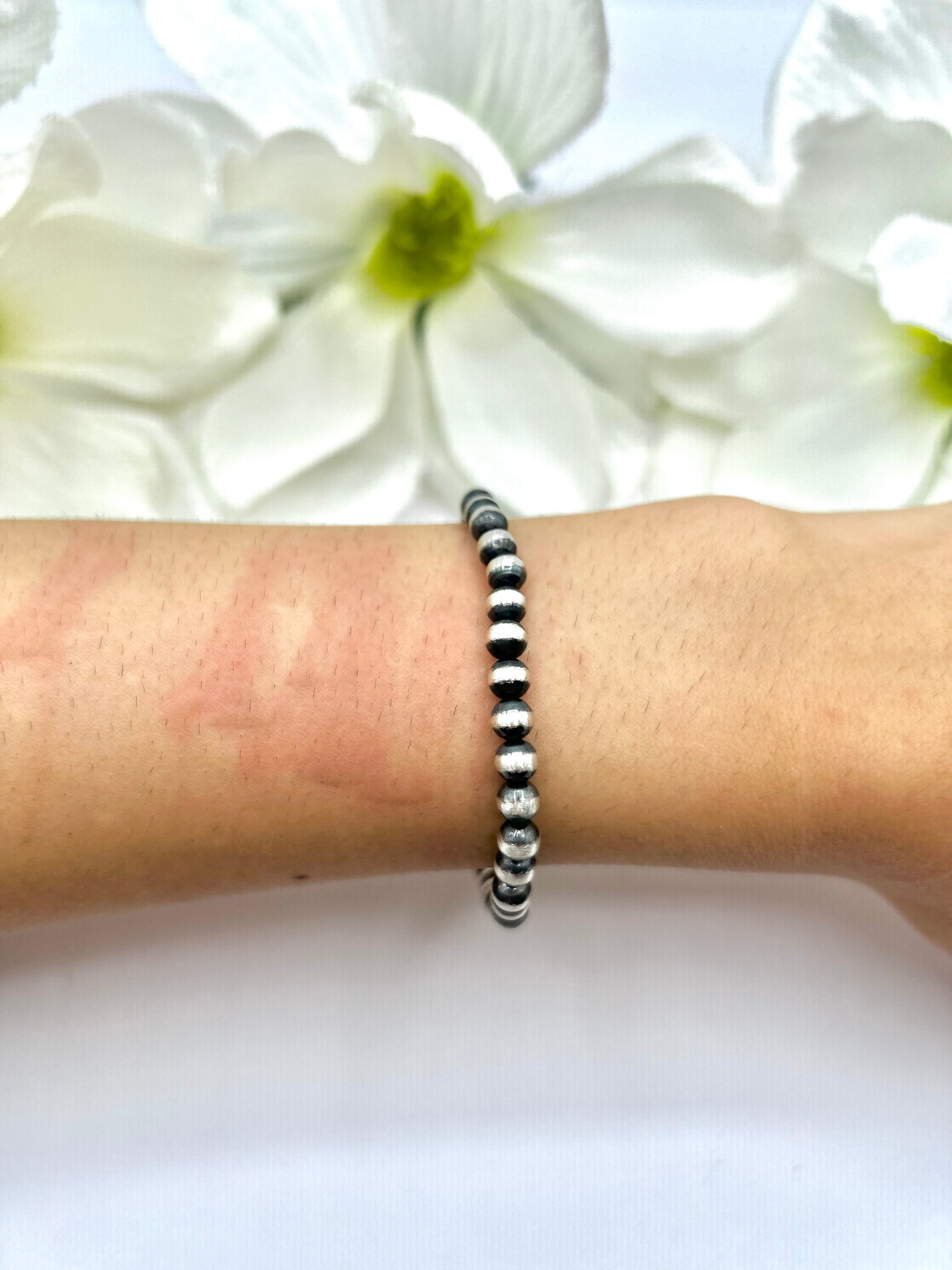 Navajo Made 5 MM Sterling Silver Strung Stretchy Bracelet