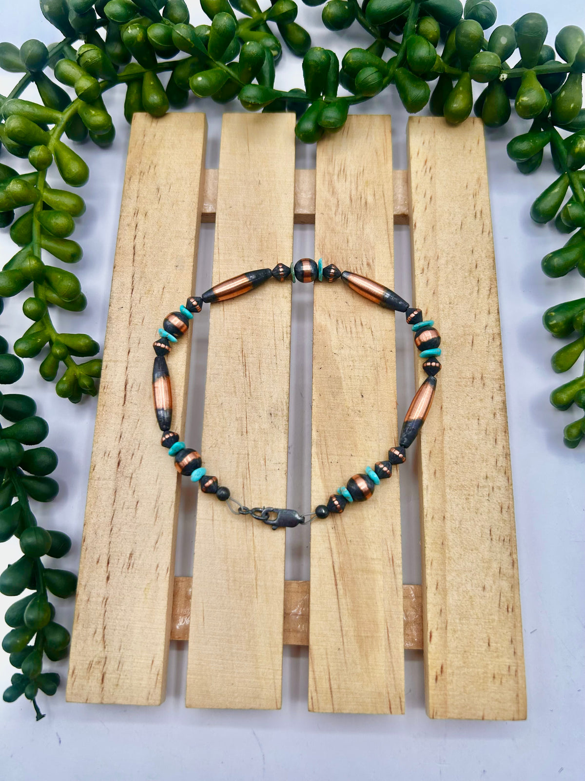 Navajo Strung Kingman Turquoise & Copper Link  Bracelet