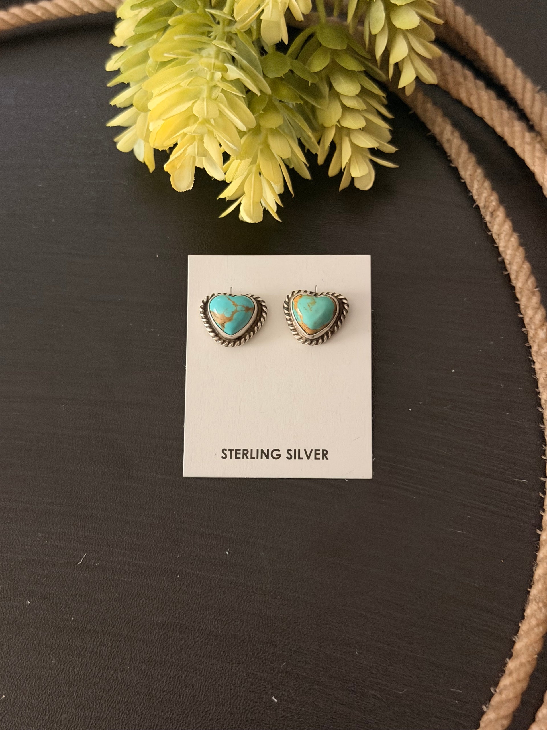 Larson Chee Kingman Turquoise & Sterling Silver Post Heart Earrings