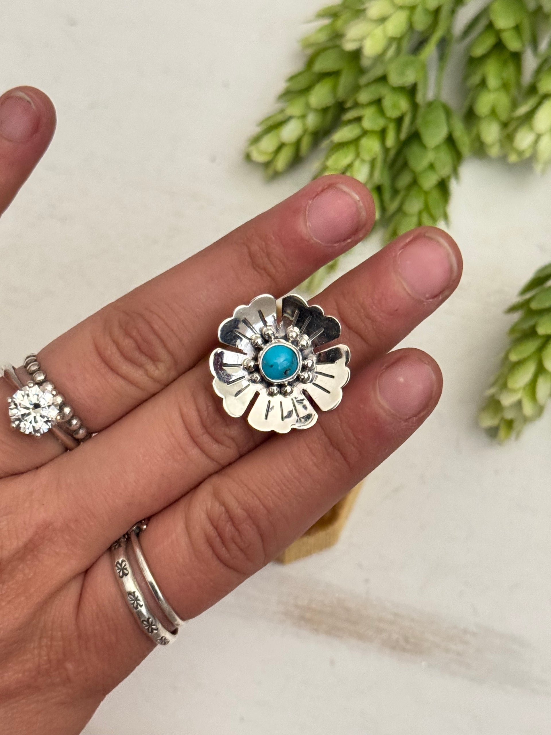 Navajo Made Kingman Turquoise & Sterling Silver Adjustable Flower Ring