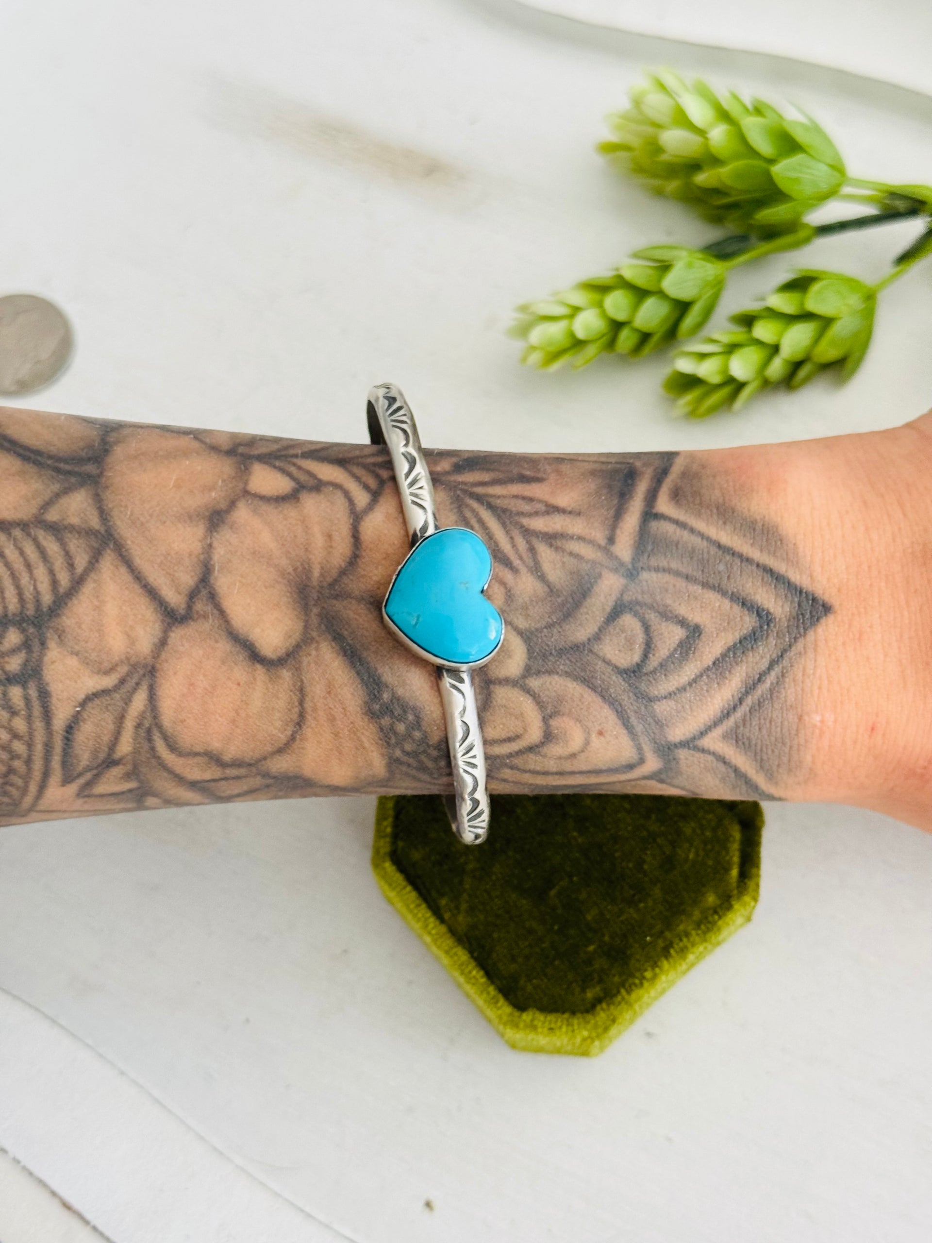 Donovan Skeets Kingman Turquoise & Sterling Silver Heart Cuff Bracelet