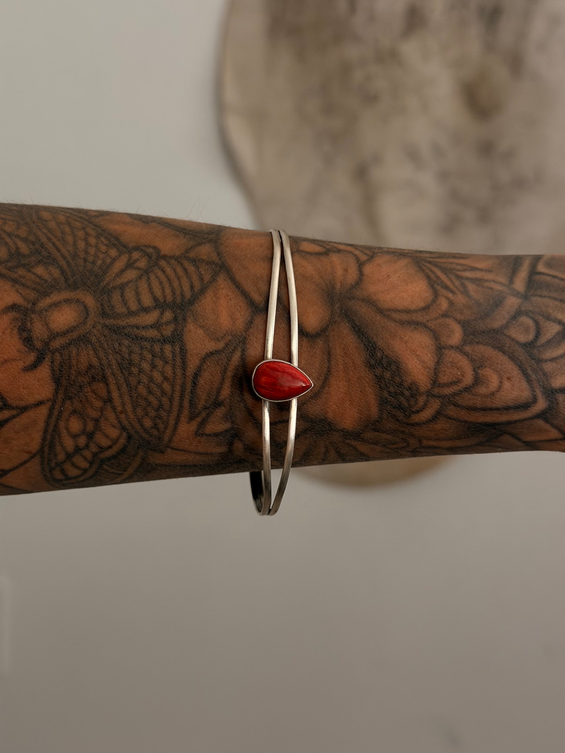 Navajo Made Red Spiny Oyster & Sterling Silver Cuff Bracelet