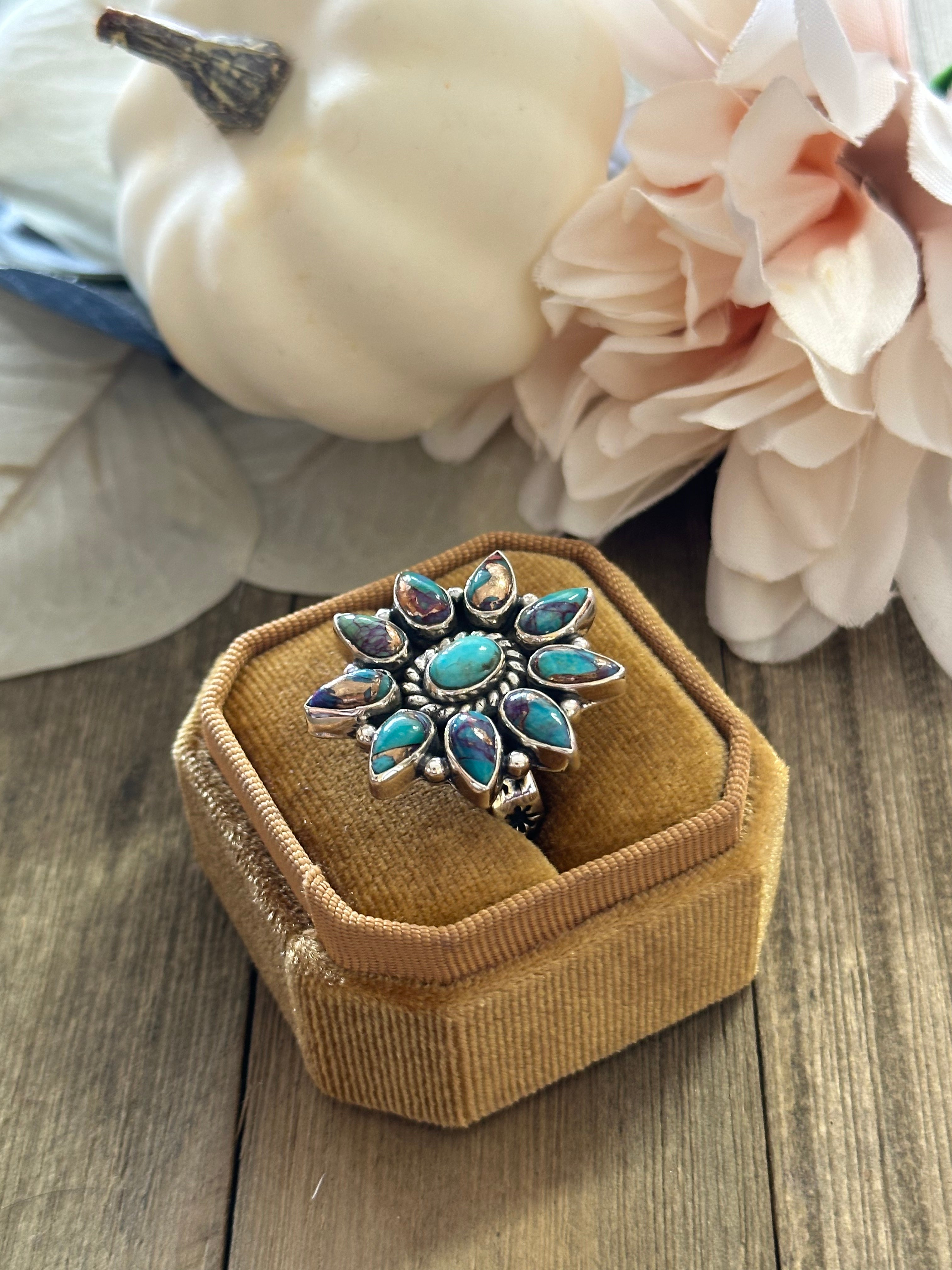 Southwest Handmade Mohave Turquoise & Sterling Silver Adjustable Cluster Ring