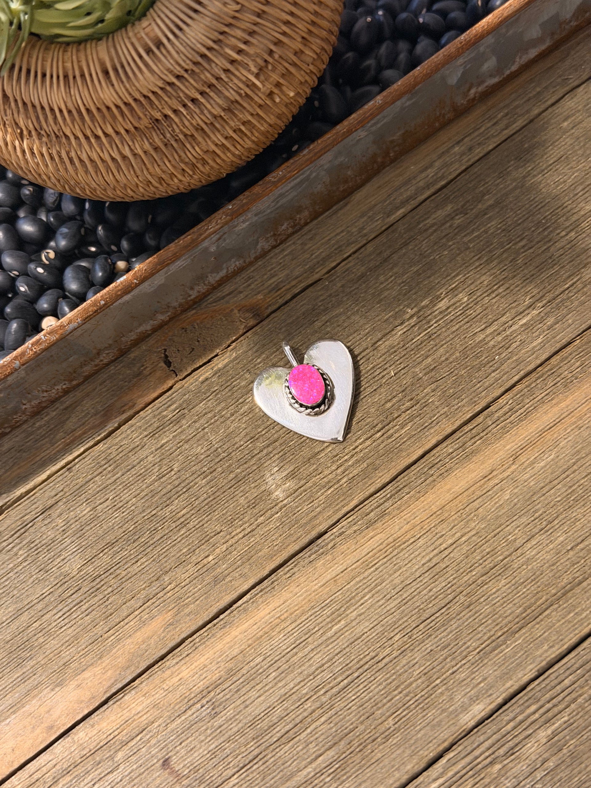 Joe Martinez Pink Opal (Man Made) & Sterling Silver Heart Pendant