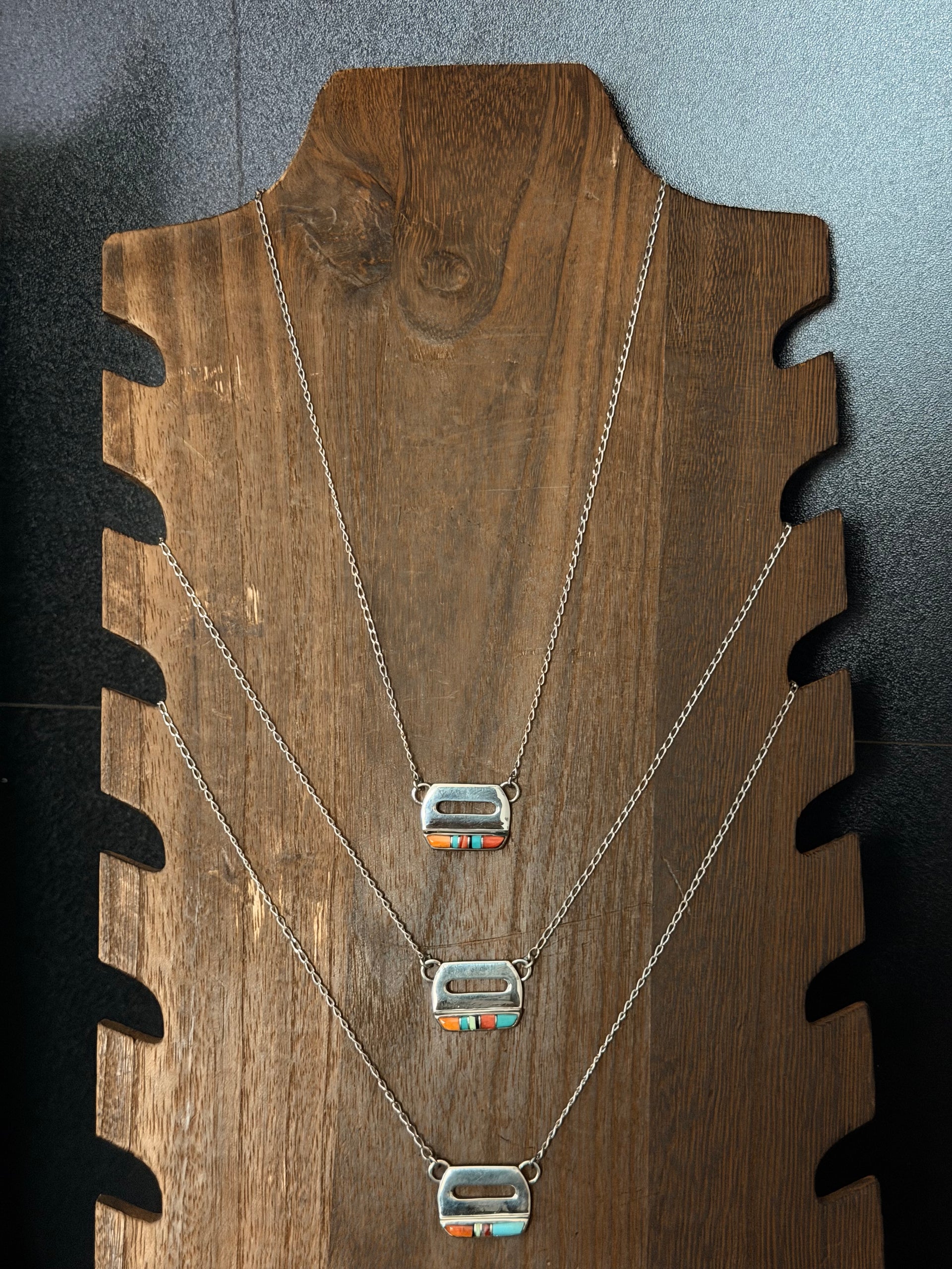 Navajo Made Multi Stone & Sterling Silver Inlay Bar Necklace